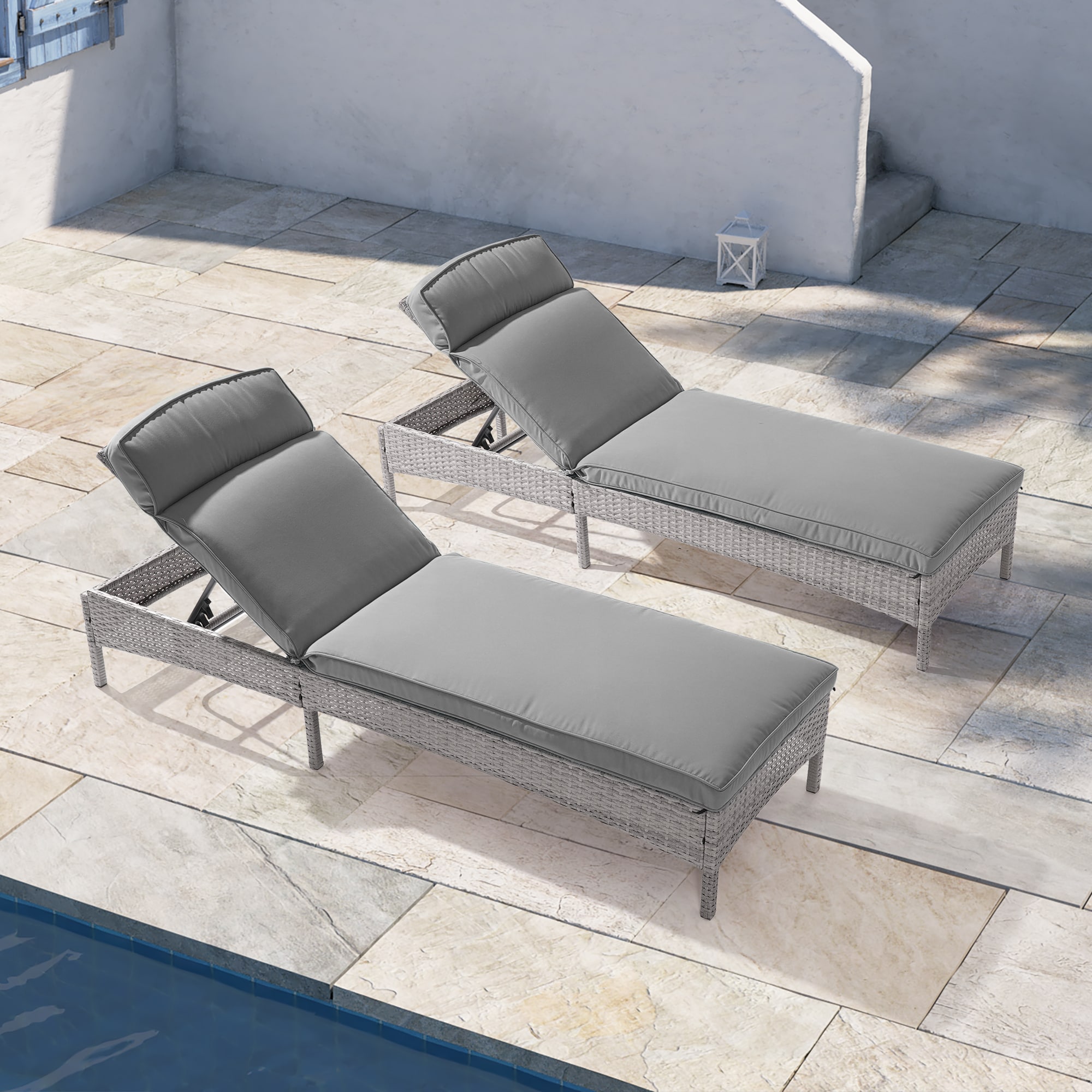 ACEGOSES LW-LC22BK patio chairs Wicker Lake Blue Steel Frame Stationary Chaise lounge Chair with Light blue Cushioned Seat