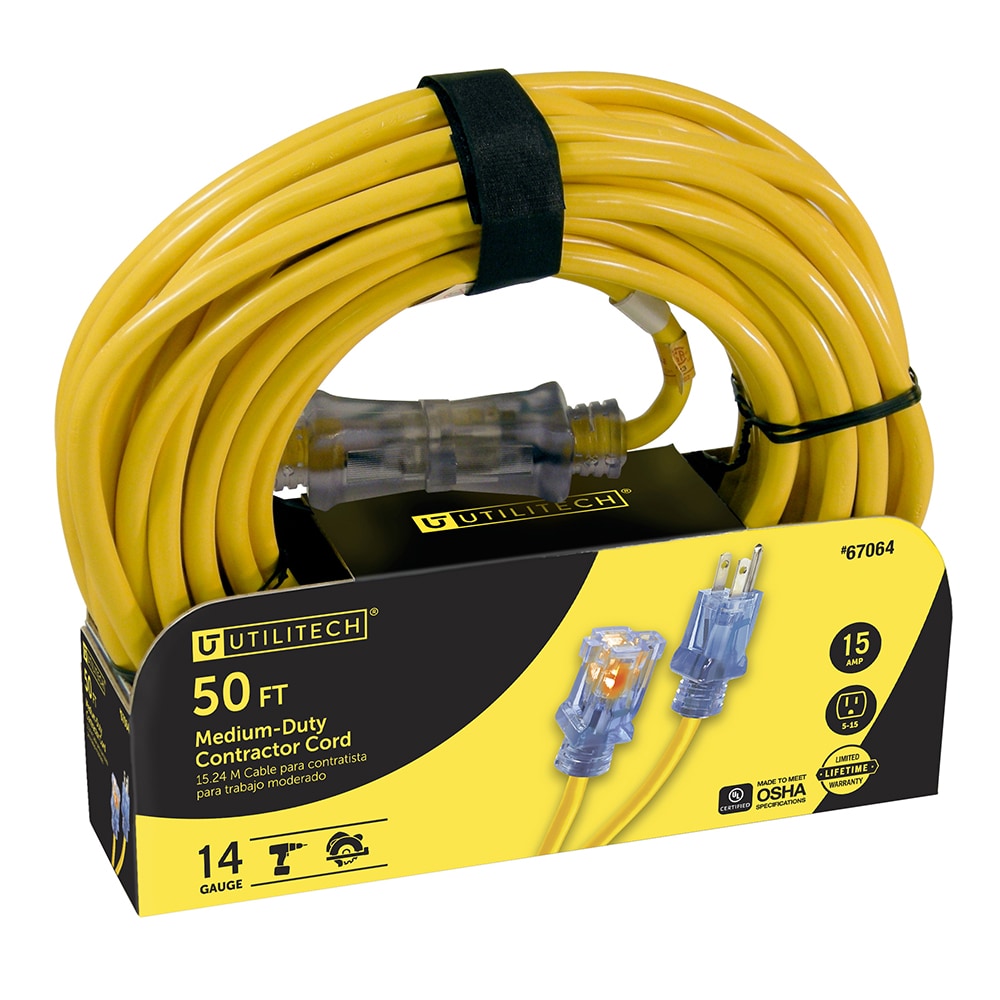 Utilitech Outdoor 50-ft 14 / 3 3 Prong Yellow Outdoor SJTW Medium Duty Lighted Extension Cord #UTP511730