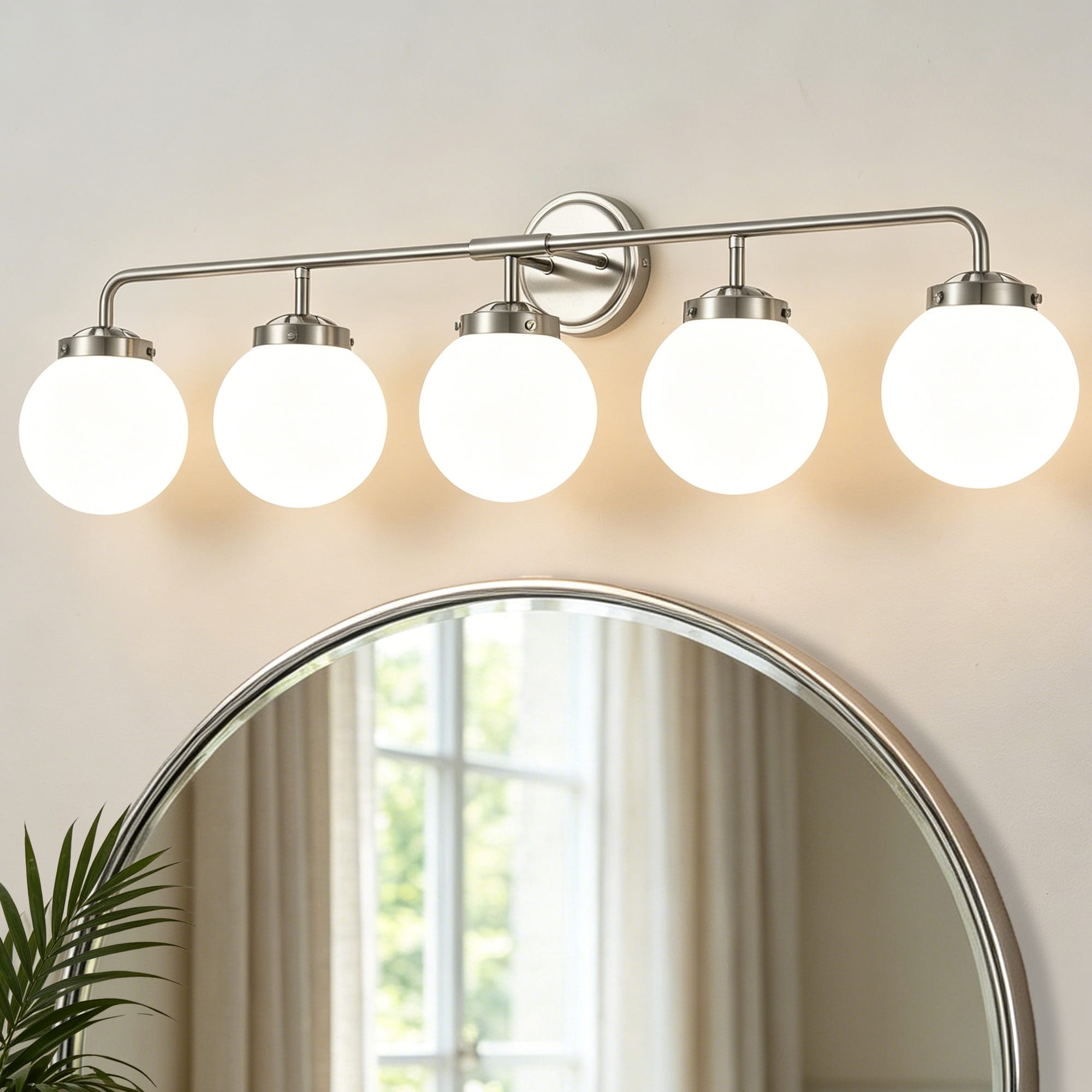 Lanmate  5 Light Nickel Bathroom Vanity Light Fixture with Milky White Frosted Glass Globe Shades 38.98-in
