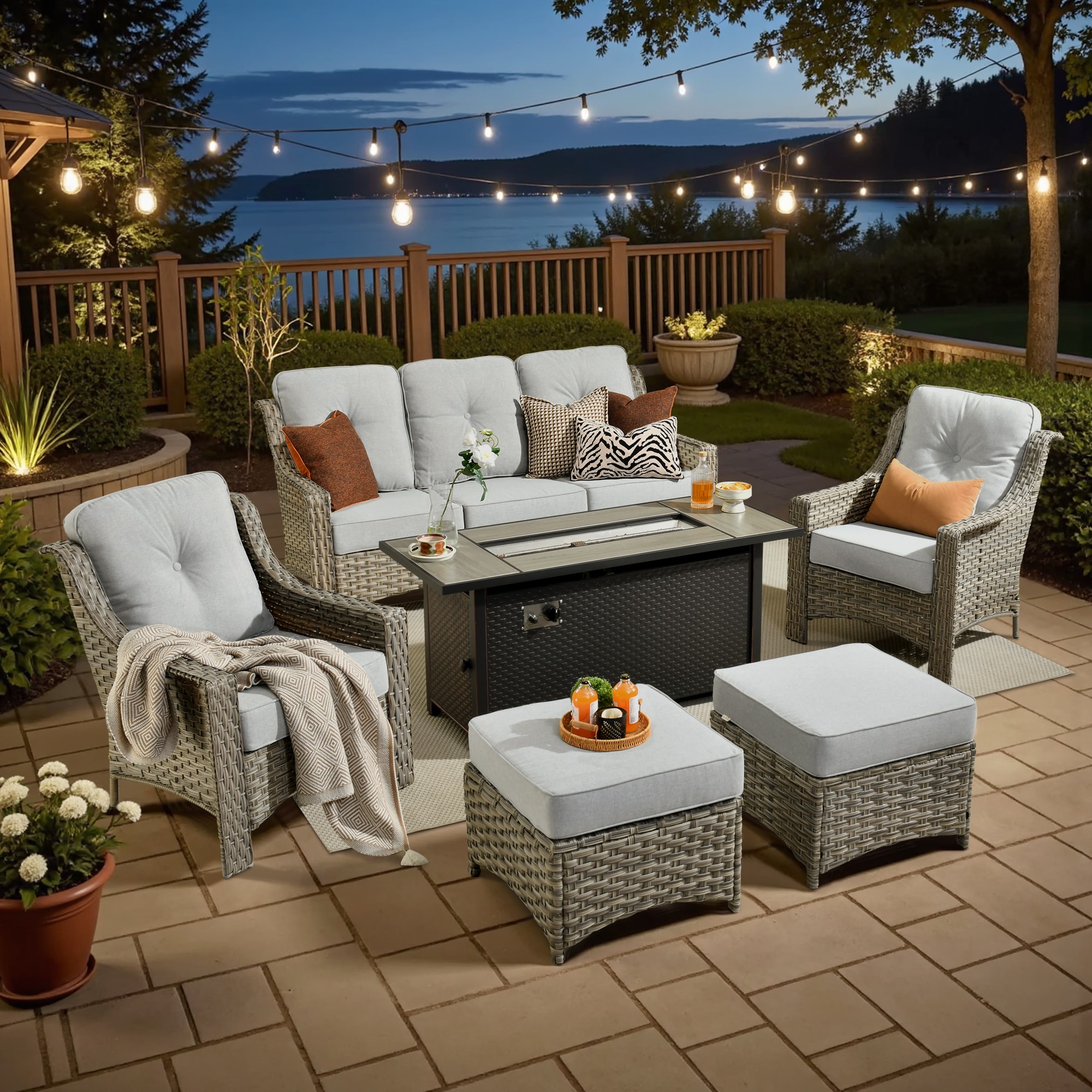XIZZI XIPAD4054-IFP54 Pyrophyllite 6 -Piece Rattan Patio Sofa Conversation Set with Light Gray Cushions