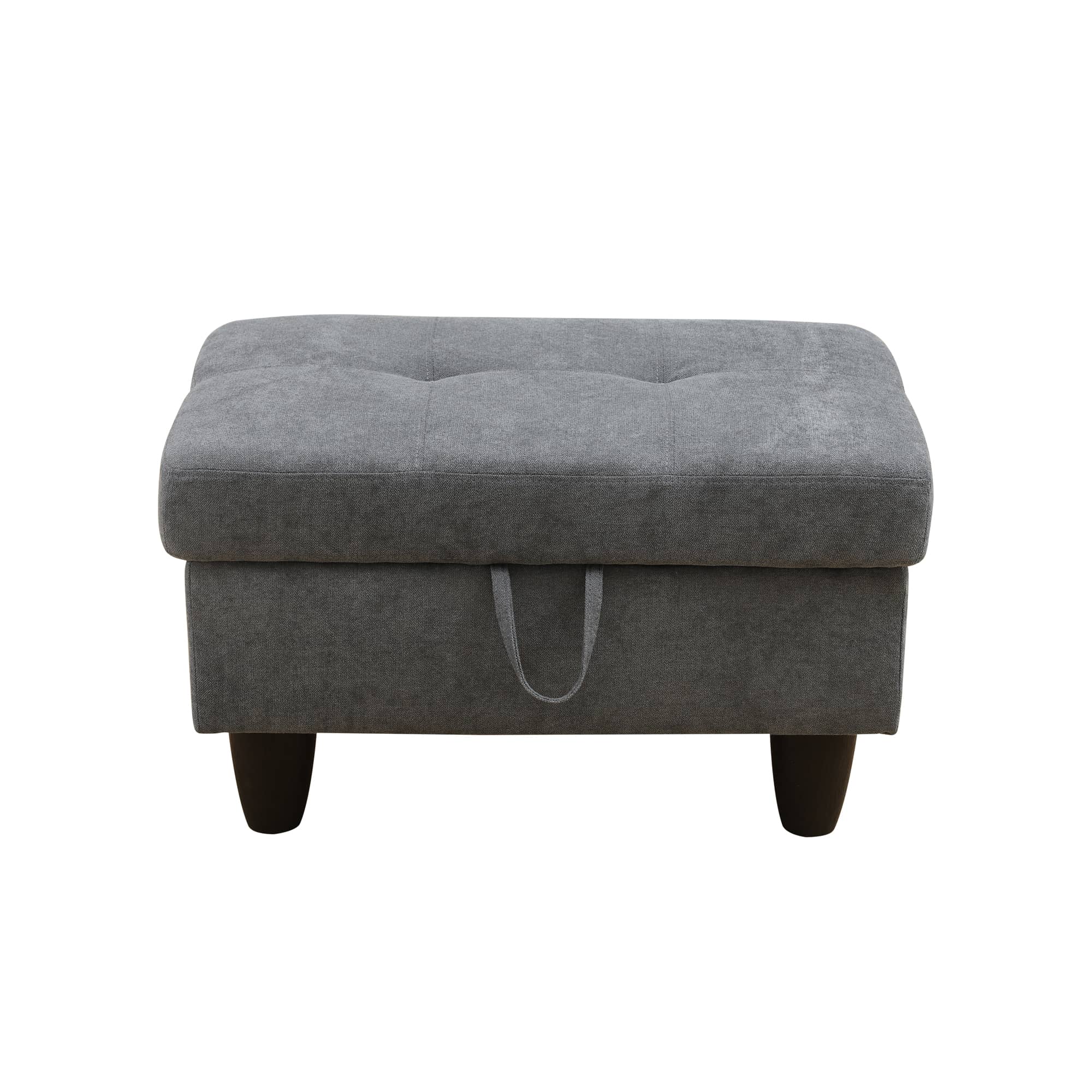 Grey ottoman shown with storage compartment and legs