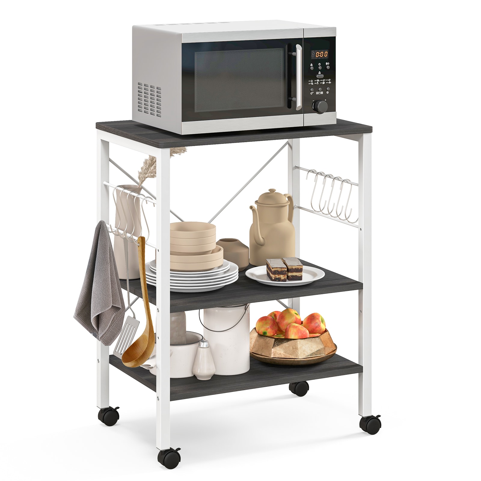 Slickblue D-CO-NB61001ZJ MDF and Steel 3-Tier Adjustable Storage Shelf - Mobile Cart with 10 Hooks
