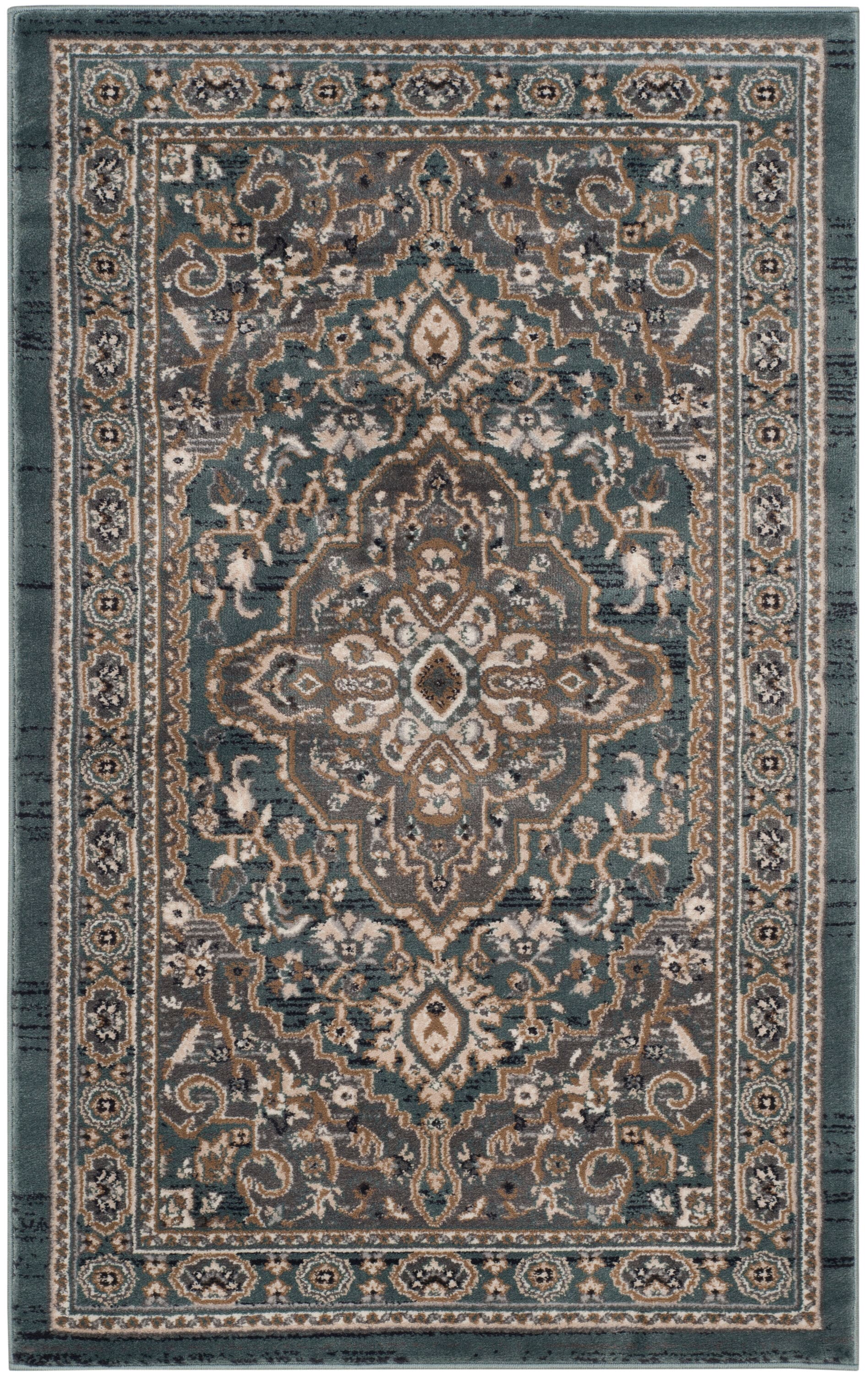 Teal and Grey Floral Synthetic Rectangular Area Rug