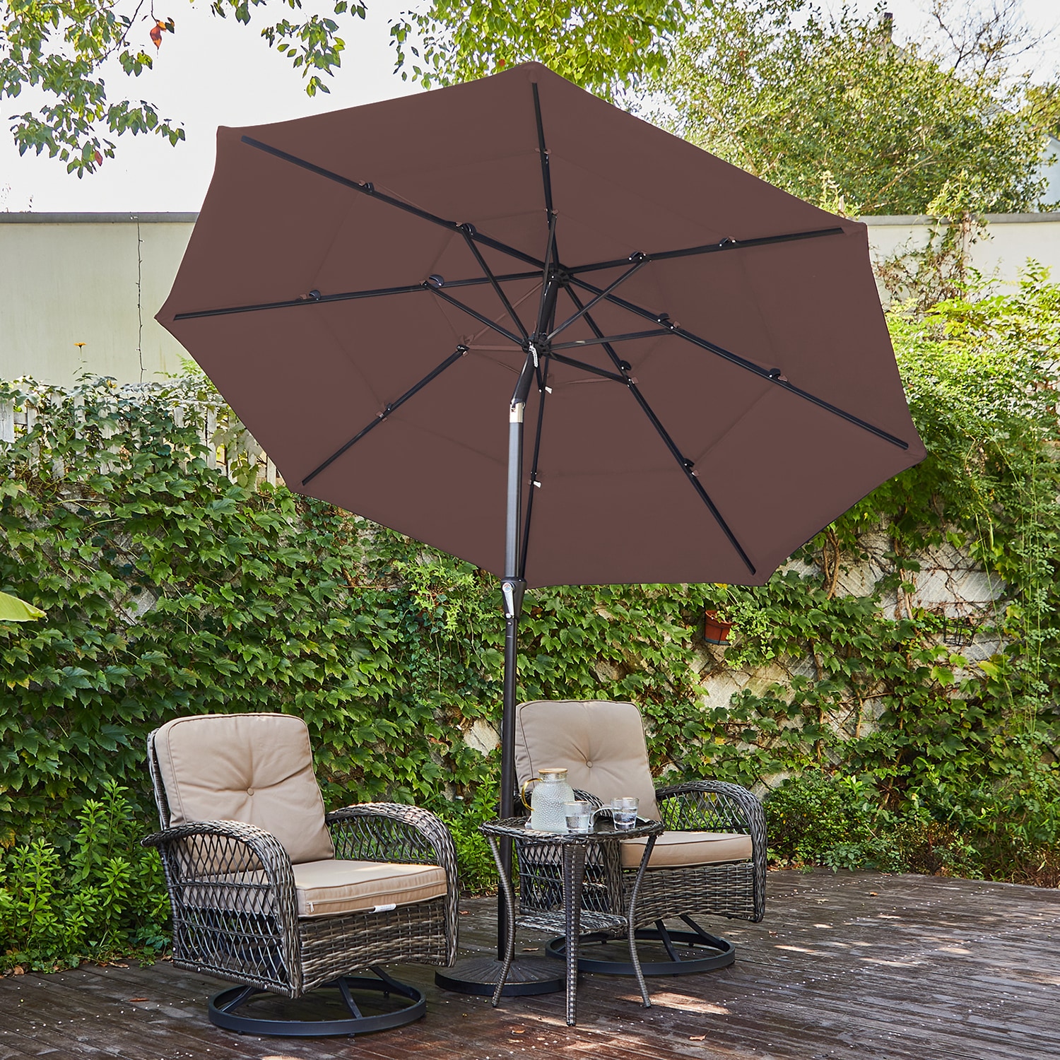 JEAREY 9-ft Steel Brown Push-button Tilt Market Patio Umbrella In The ...