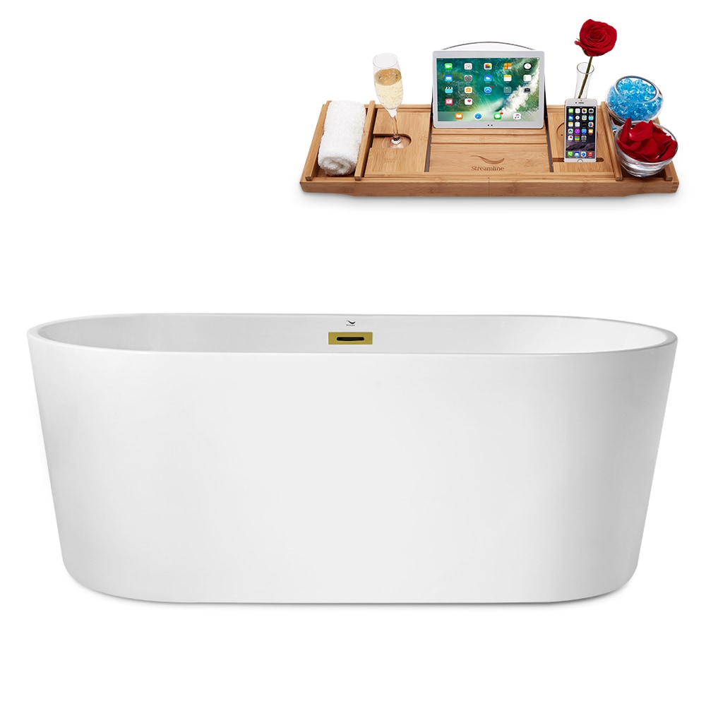 Streamline N2180GLD 29.5-in x 61.8-in Glossy White Acrylic Oval Freestanding Soaking bathtub with Drain ( Center Drain )