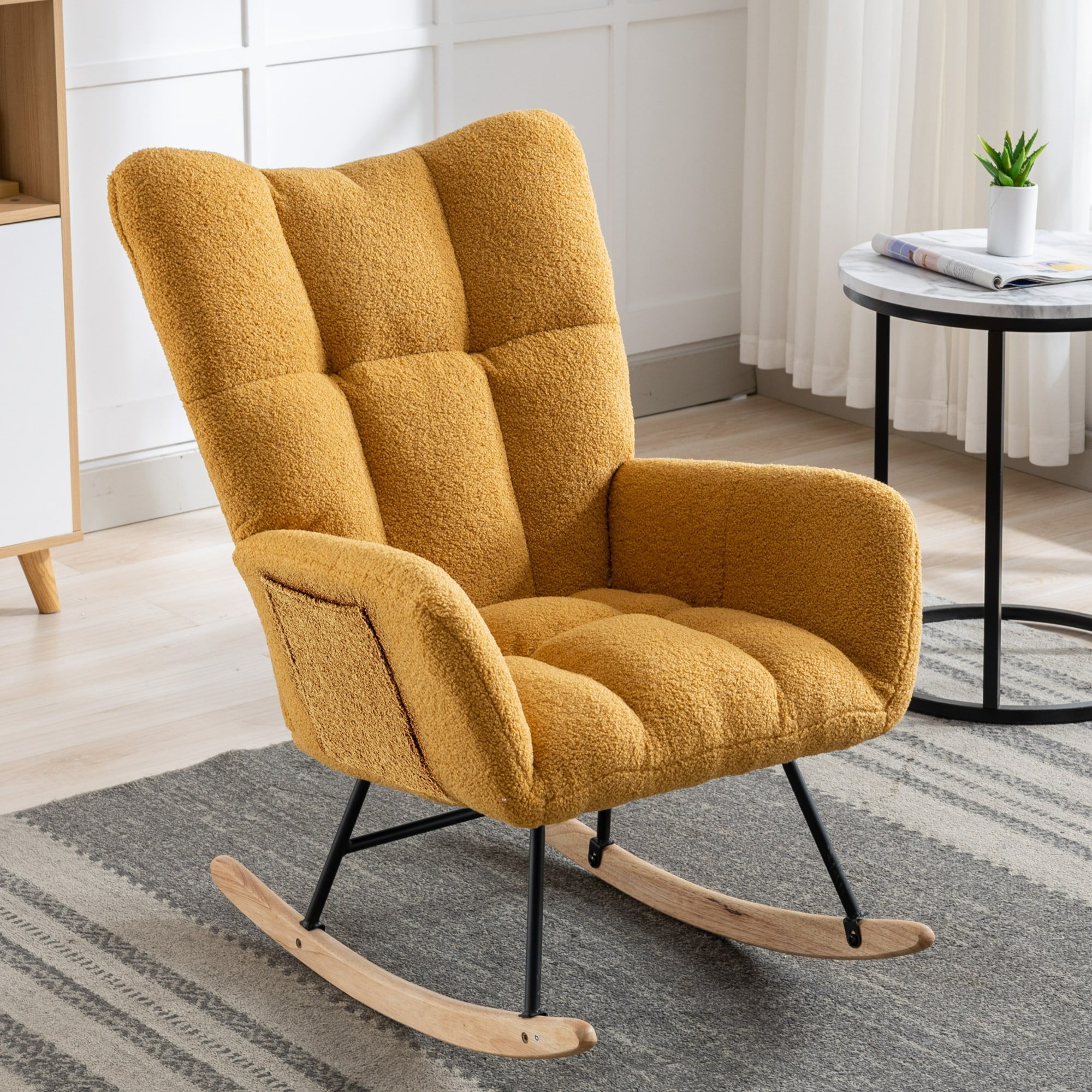 Tatayosi JJ-06660068 Rocking Chair with Pocket; Soft Teddy Fabric Rocking Chair for Nursery; Comfy Wingback Golider Rocking Chair with Safe Solid Wood Base for Living Room Bedroom Balcony(Turmeric)