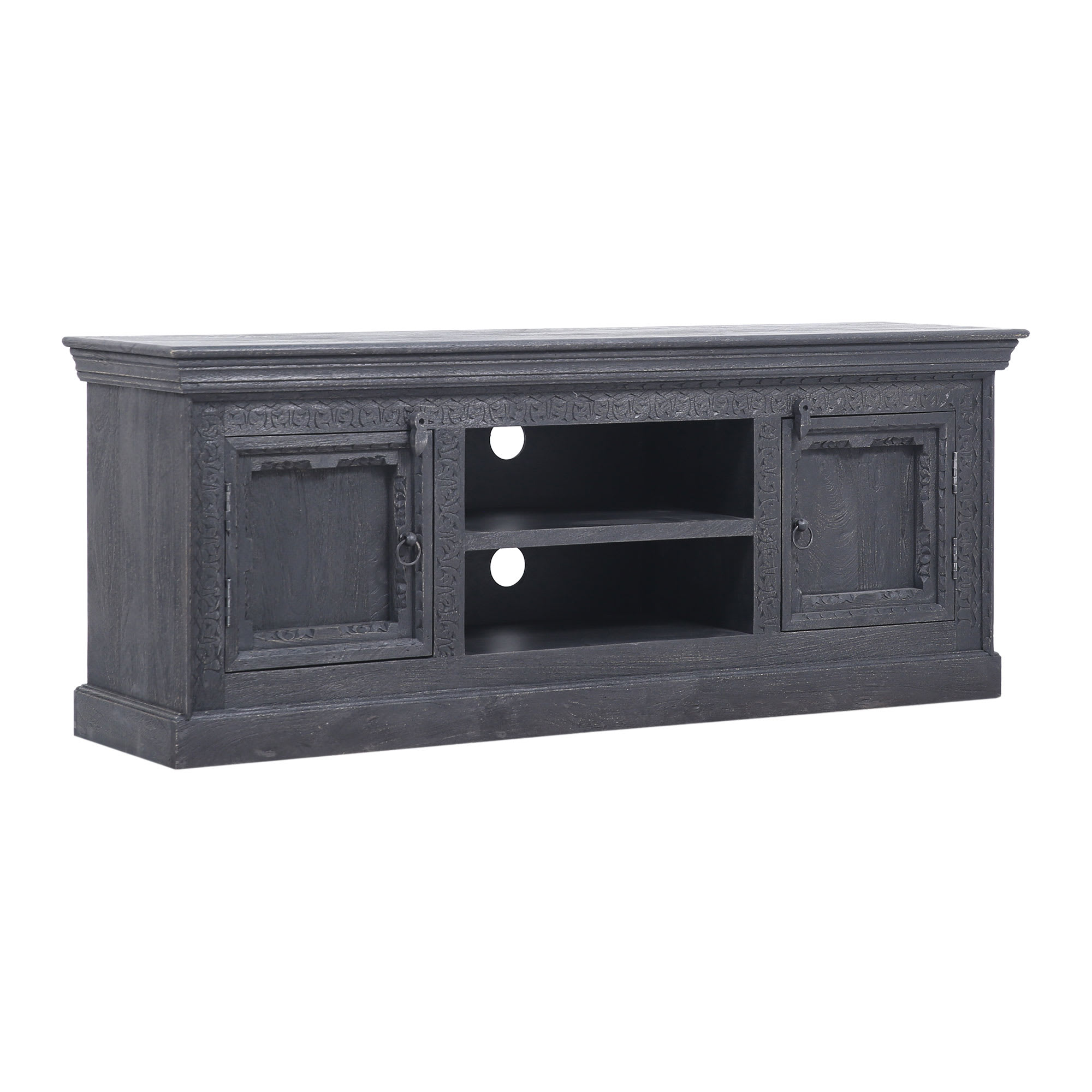 Maven Lane 398748 Mahala Handmade Heritage Wooden TV Stand Media Unit Rustic Entertainment Center Console Table for Living Room in Distressed Black Finish