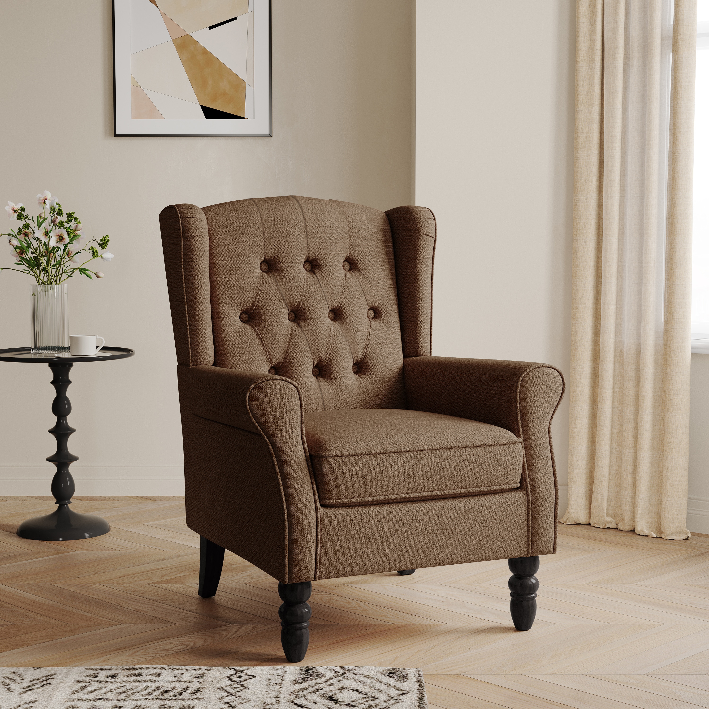 Dreamsidea Cotton Wooden Accent Armchair With Button Tufting On The Backrest Brown