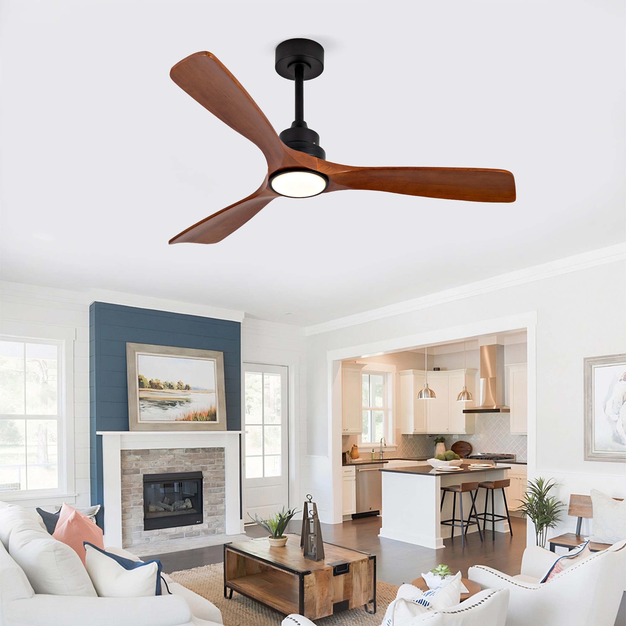 YOTOO 52 Inch matte black and dark walnut solid Wood 3-Blade Ceiling Fan with Light 3 Color Dimmable LED 6 Speeds Reversible Motor with 5 and 10 Inch Downrods for Bedroom Living Room