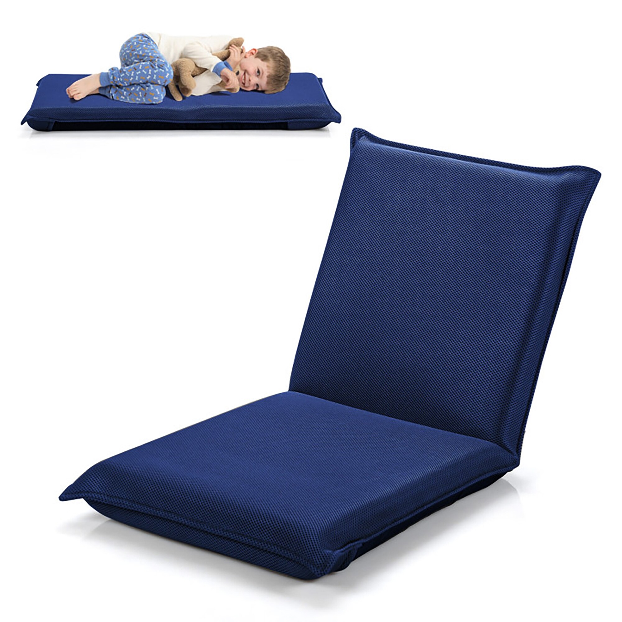 Navy Blue Adjustable Folding Floor Chair with Mesh Fabric