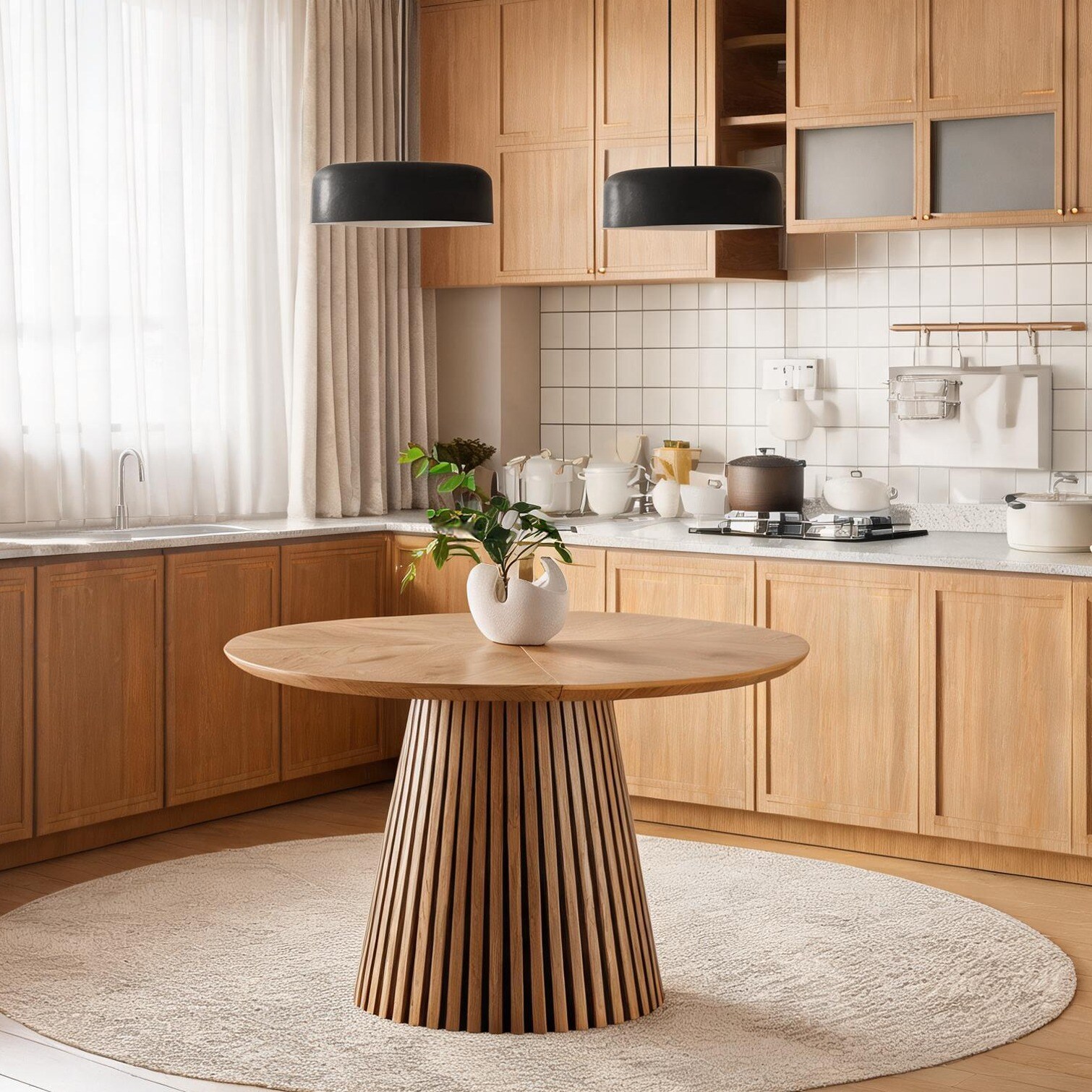Watnature Natural Wood Tone MDF Round Dining Table for 4 Modern Oval ...