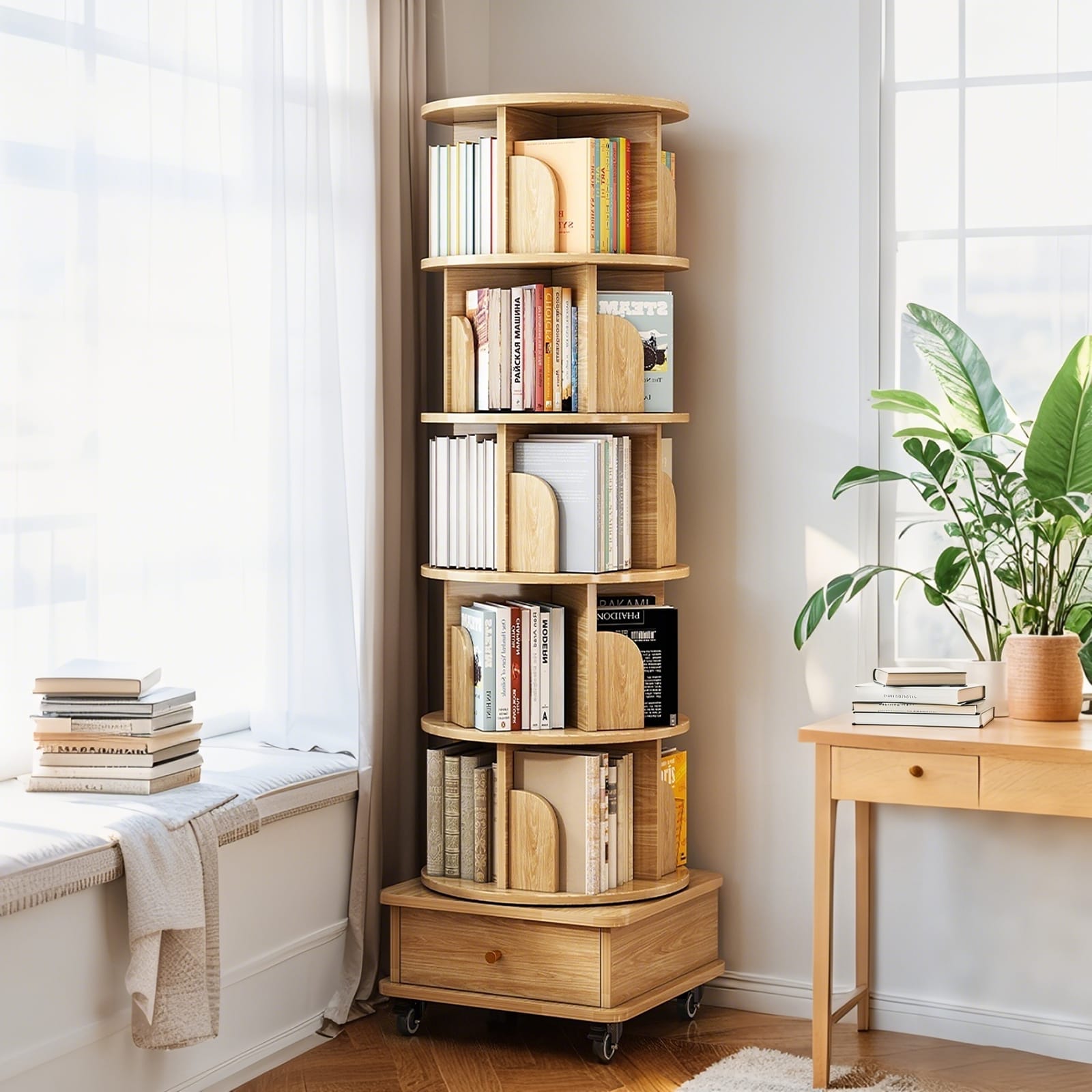 GDFStudio Modern 6 Tier Wood Rotating Bookshelf Tower with 360 Degree Display Round Spinning Design Wheels Bottom Drawer and Space Saving Storage Natural