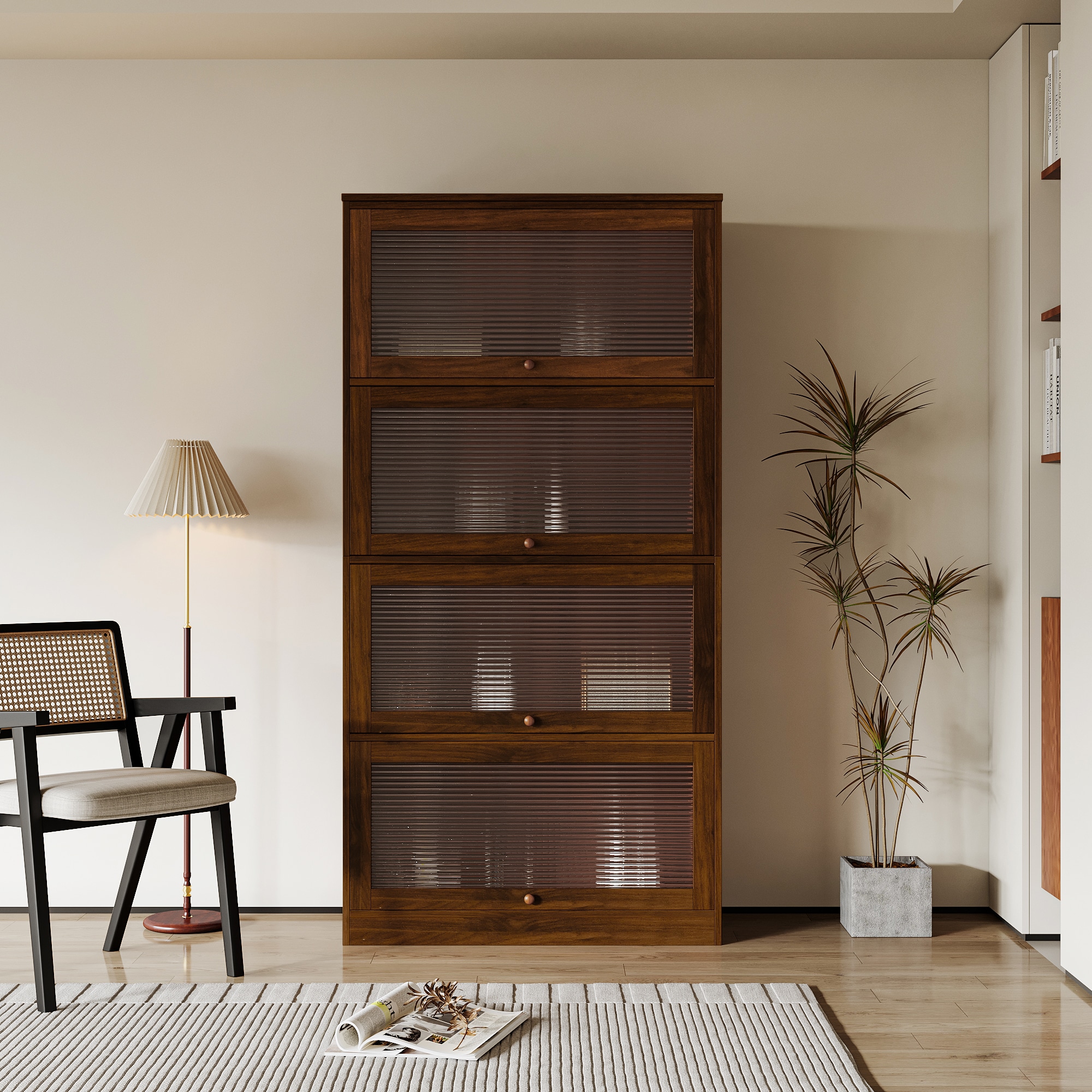 KWPZQEB 31.5-in W x 61.8-in H x 13.7-in D Bookcase with Glass Doors Office Storage Cabinet Bookshelf  for Living Room Home Office-Brown
