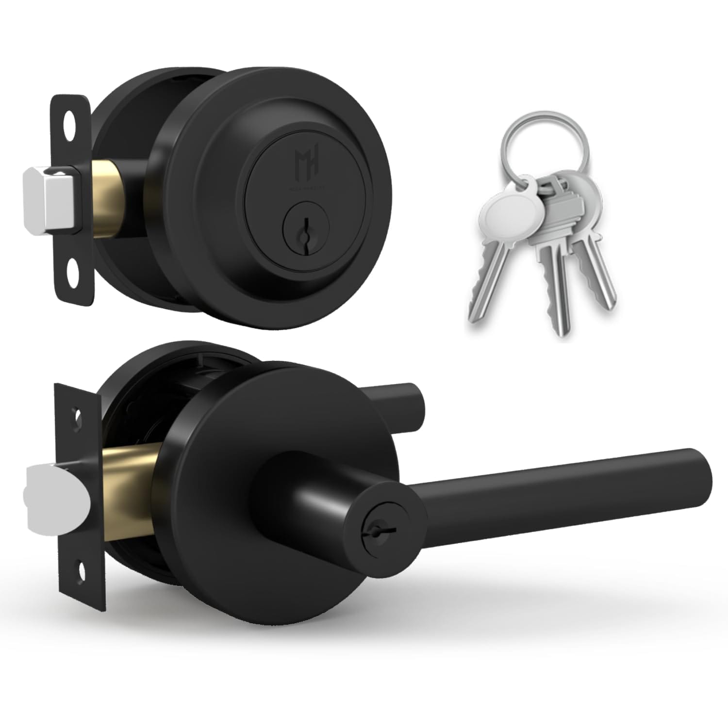 Mega Handles  Ronn Entrance Combo - Entry Lever Door Handle and Single Cylinder Deadbolt Lock and Key Combo Pack - Heavy Duty Round Locking Door Levers Set for Left or Right-Handed Doors - Matte Black