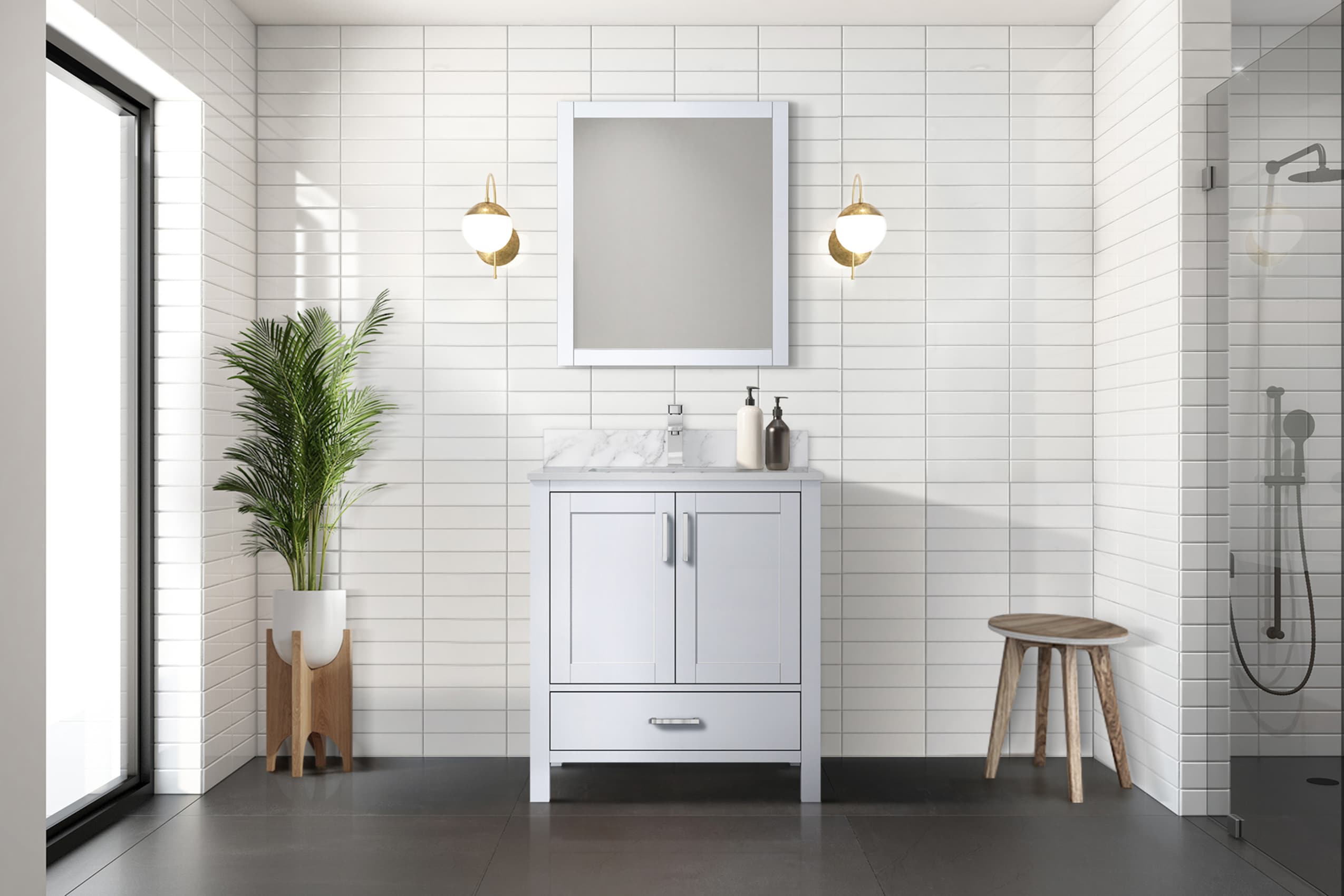 White 30" Vanity with Marble Top, Sink, Mirror, and Faucet