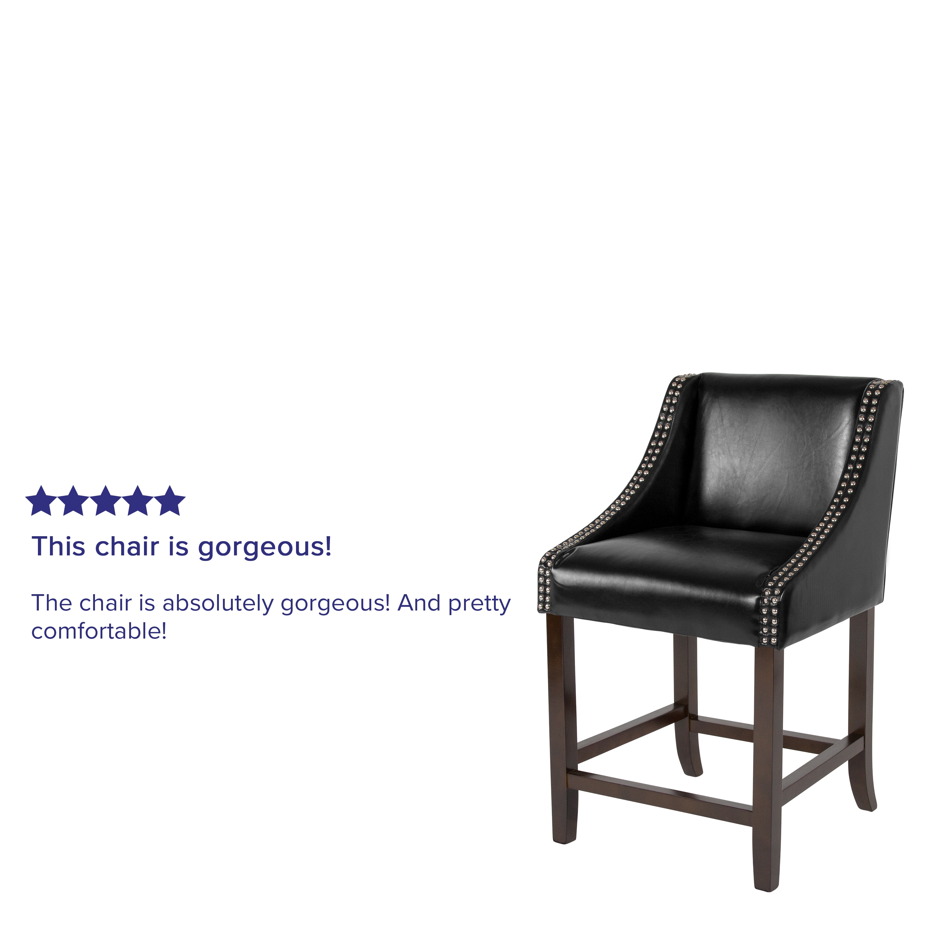 Black Leather 24" Wood Counter Height Stool with Nail Trim