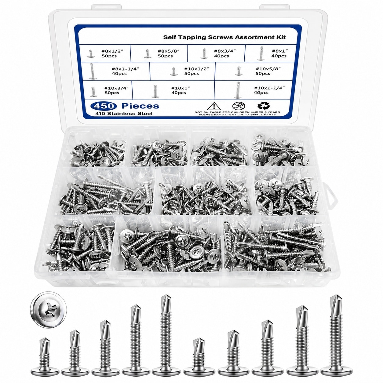 SenQWFa  450PCS Self Tapping Screws for Metal 410 Stainless Steel Self Drilling Screws Number 8 Number 10 Truss Head Sheet Metal Screws Assortment