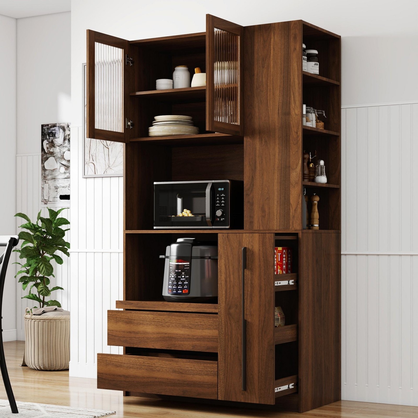 GlasFlength  71-Inch Kitchen Pantry Cabinet with Pull Out Storage Shelf Glass Door Drawer Organizer and Microwave Stand for Dining Room Walnut