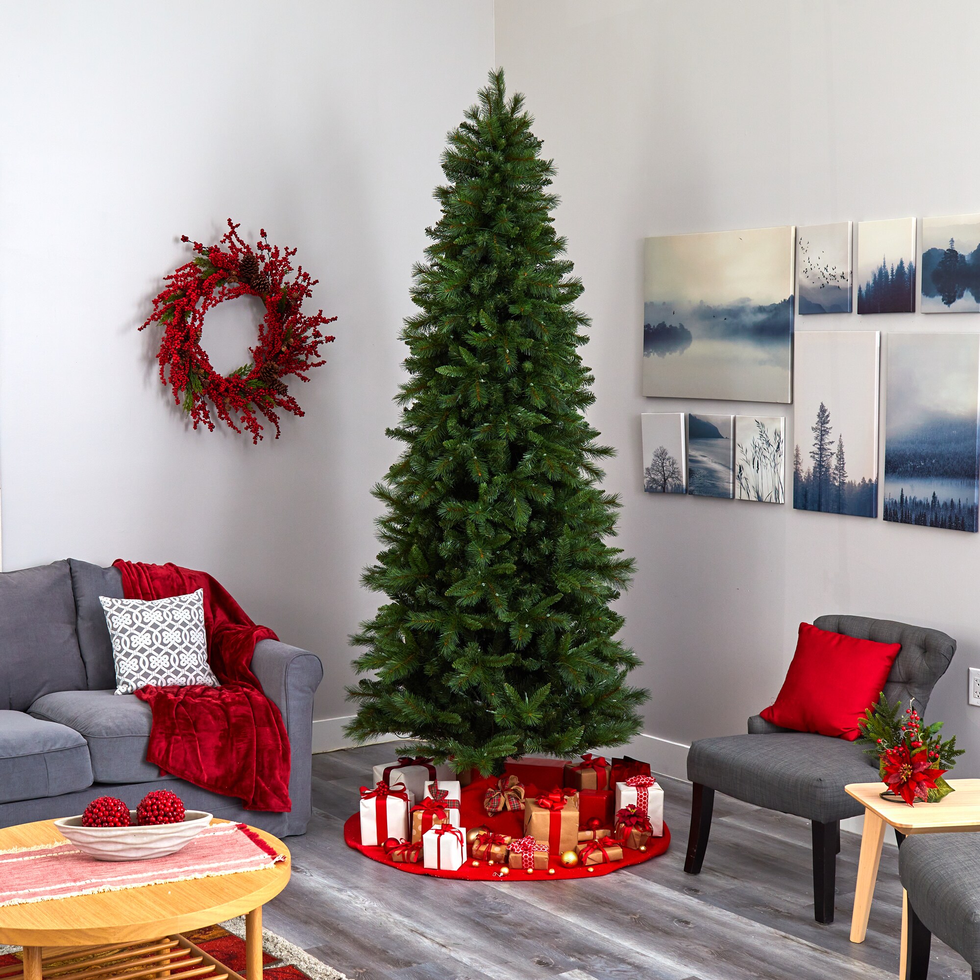Nearly Natural 9-ft Pine Pre-lit Slim Artificial Christmas Tree with ...