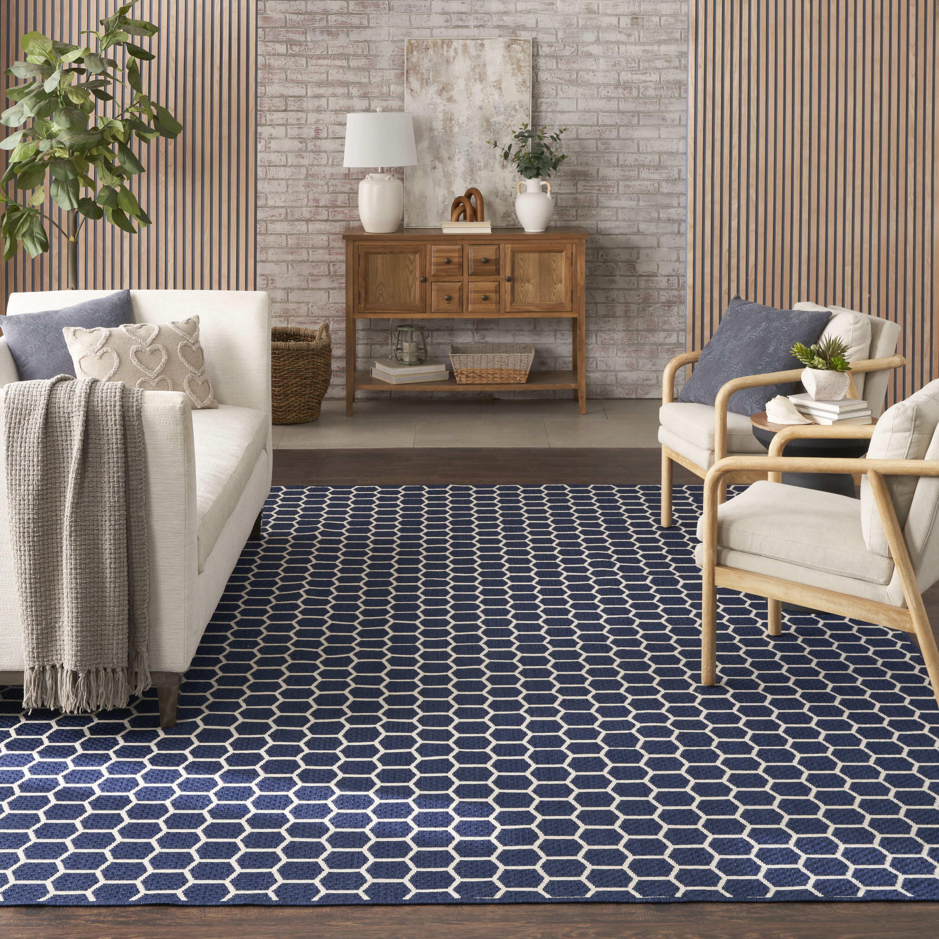 Nourison Home 099446974556 Reversible Indoor Outdoor 8 x 10 (ft) Polyester/Polypropylene Navy Rectangular Indoor/Outdoor Geometric Area rug
