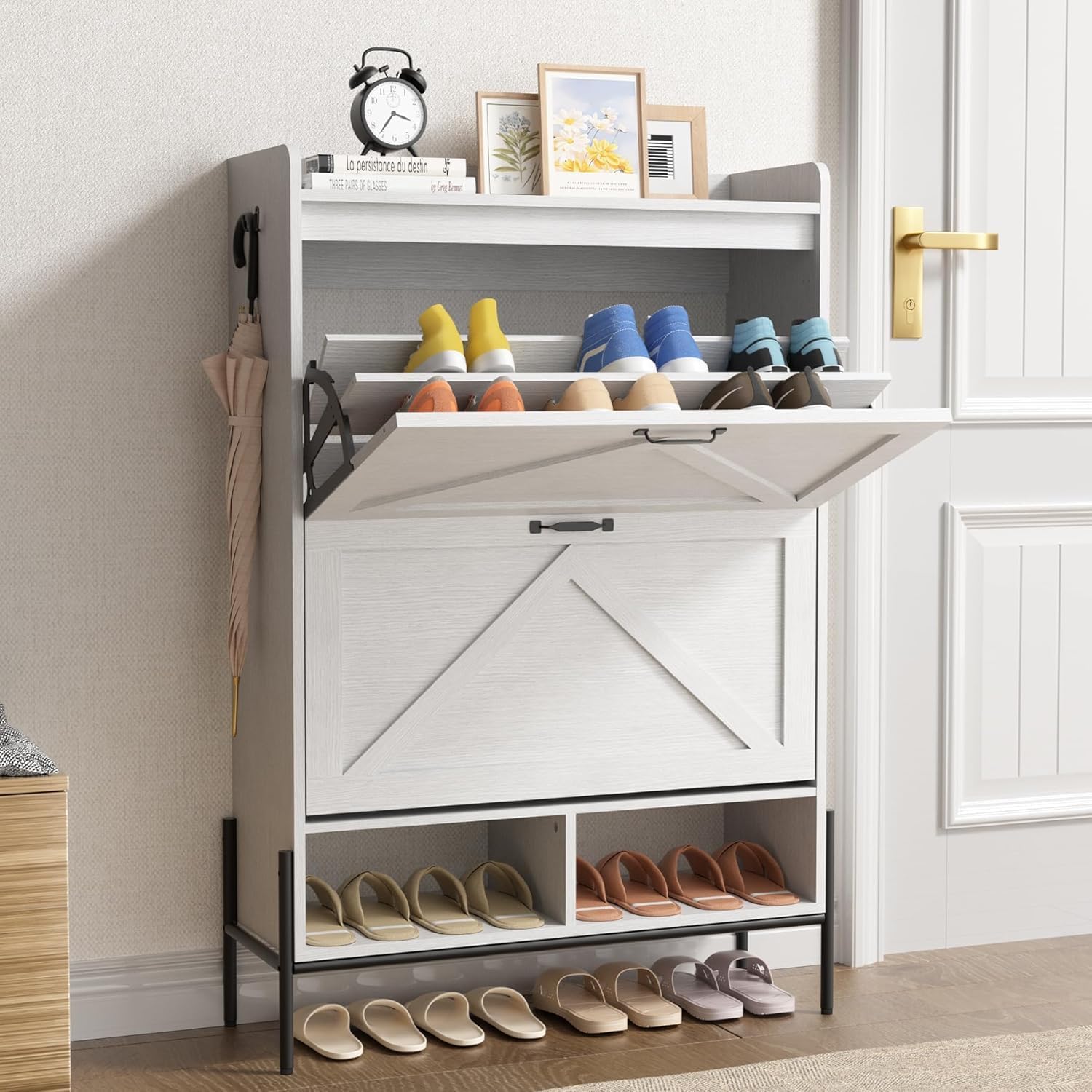 Qeetex DHZ-PHO-150Y91IA Shoe Cabinet Shoe Rack with 2 Flip Drawers Freestanding Shoe Storage Cabinet for Front Door Entrance Holds up to 24 Pairs of Shoes Dry and Wet Separation White