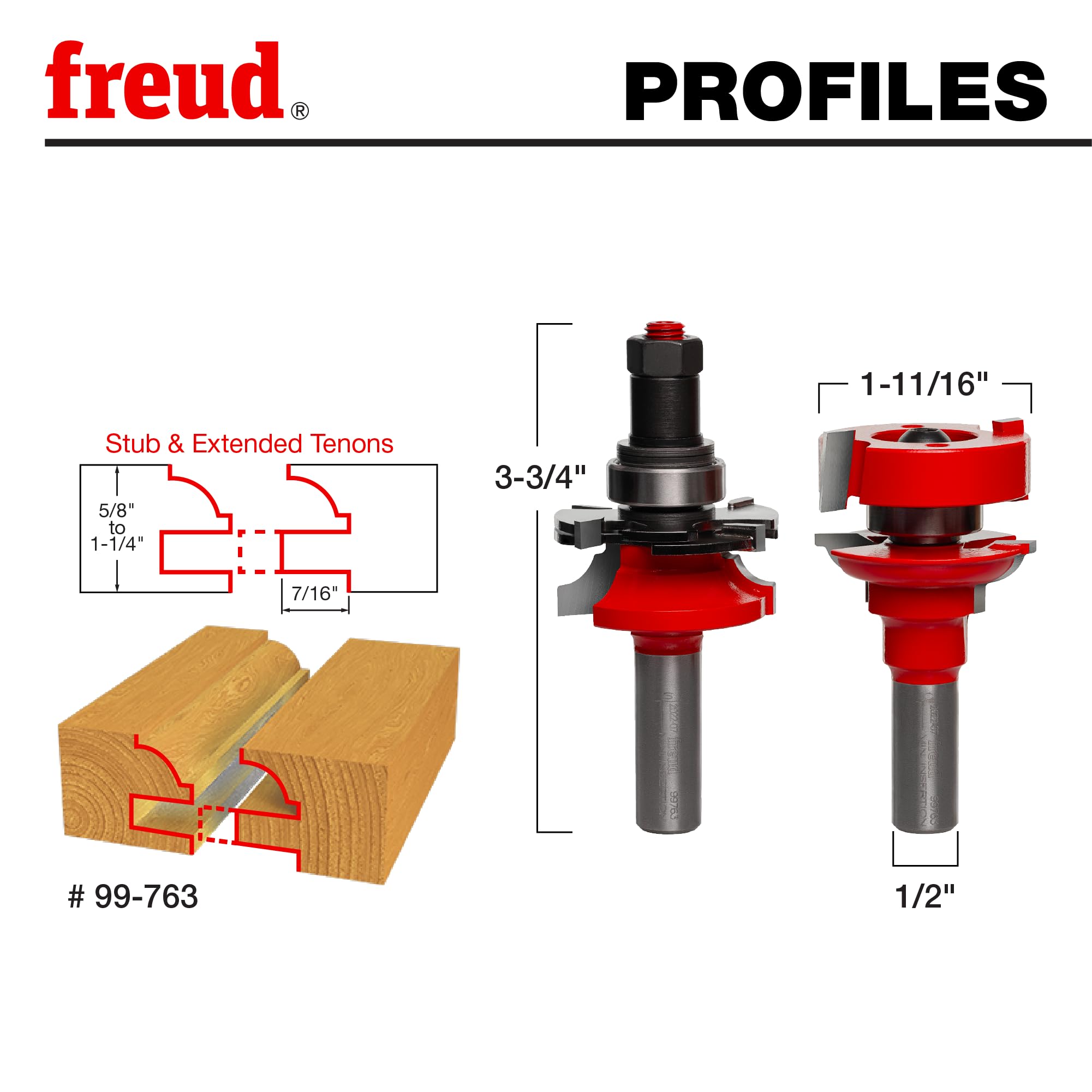 Freud Premier Adjustable Rail Stile Router Bit 1-11/16 Dia 1/2 Shank ...