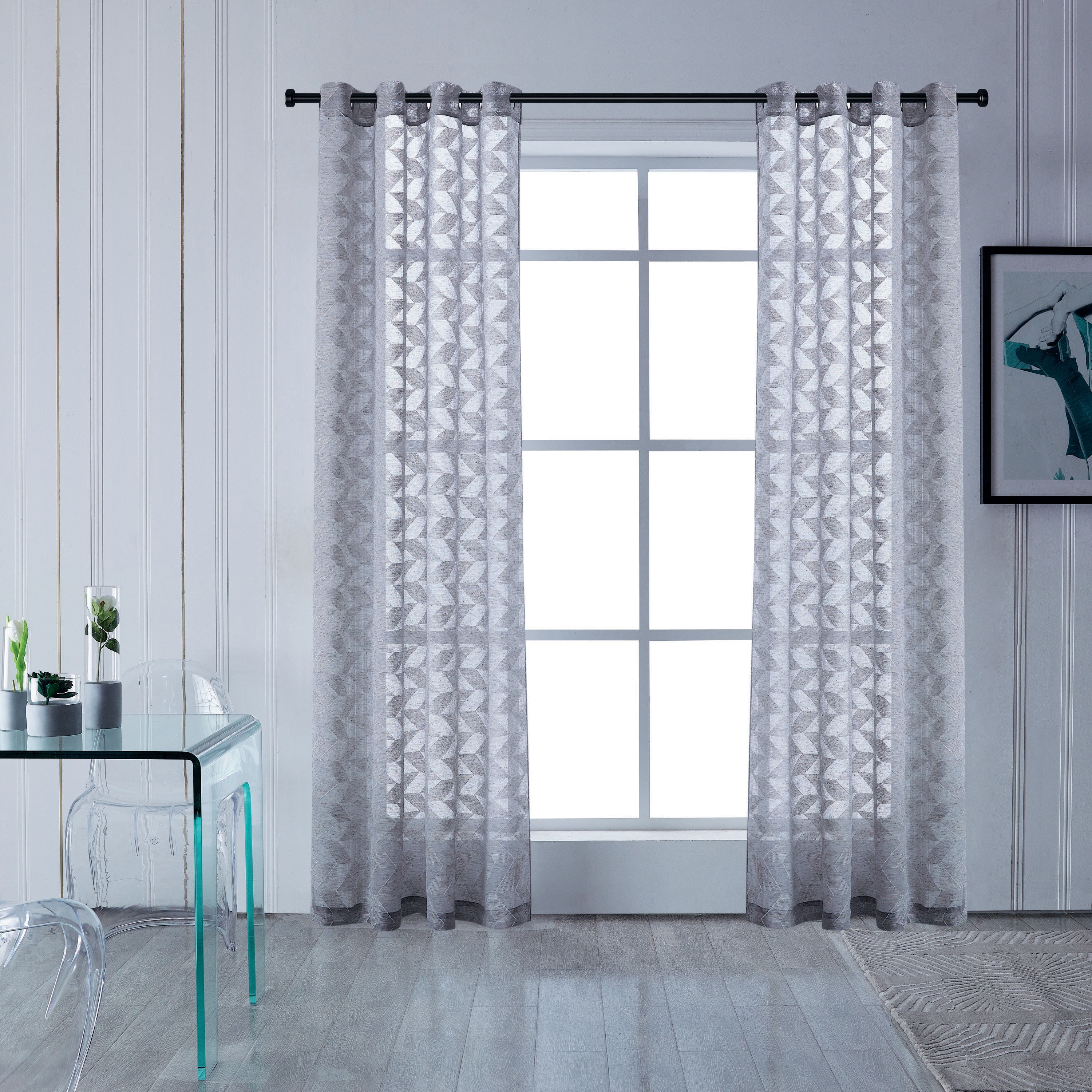  BLAKE-108-G 108-Inches Grey Chevron Sheer Grommet Single curtain panel