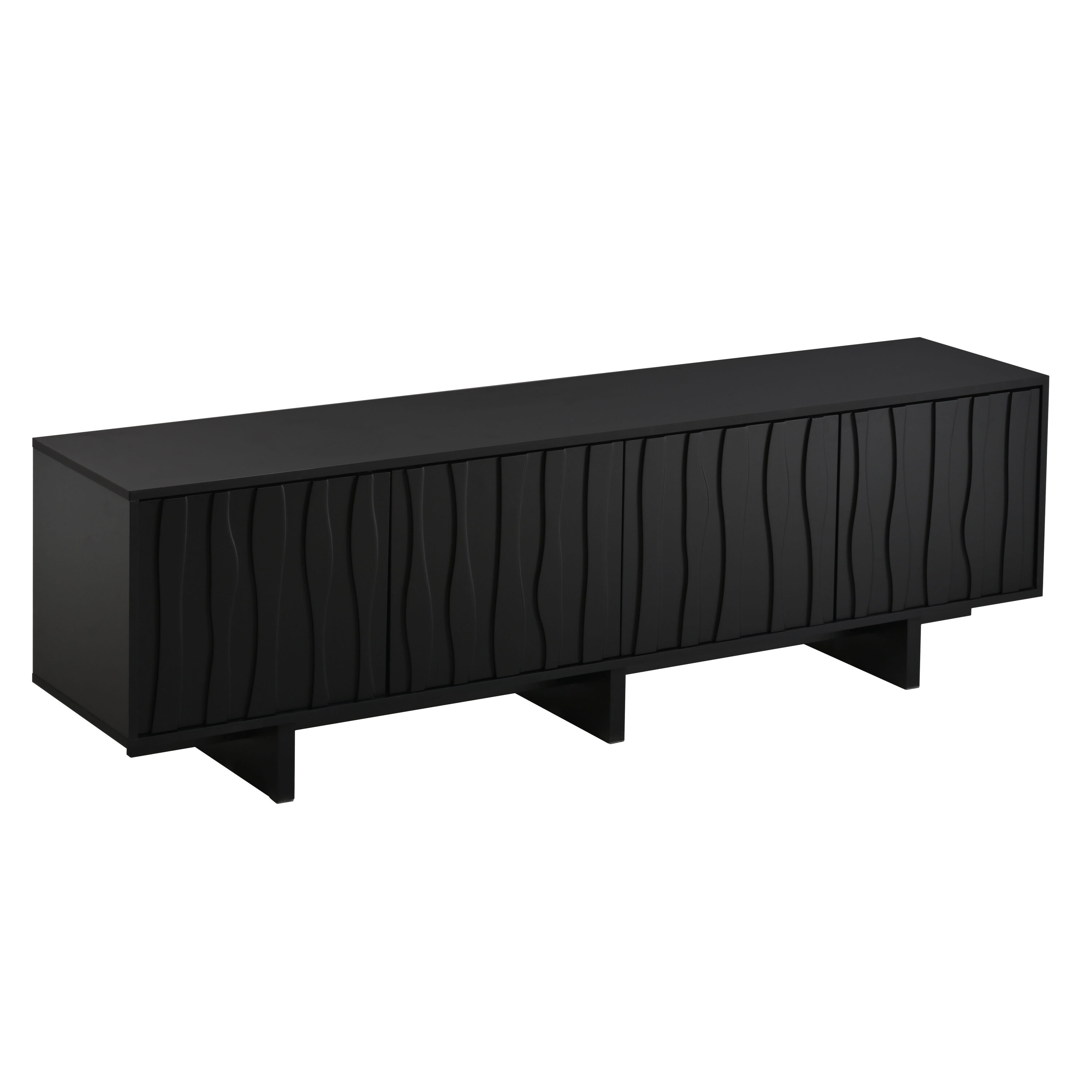 Vynxaria Retro Wood Grain TV Stand Black Wavy Door for TVs up to