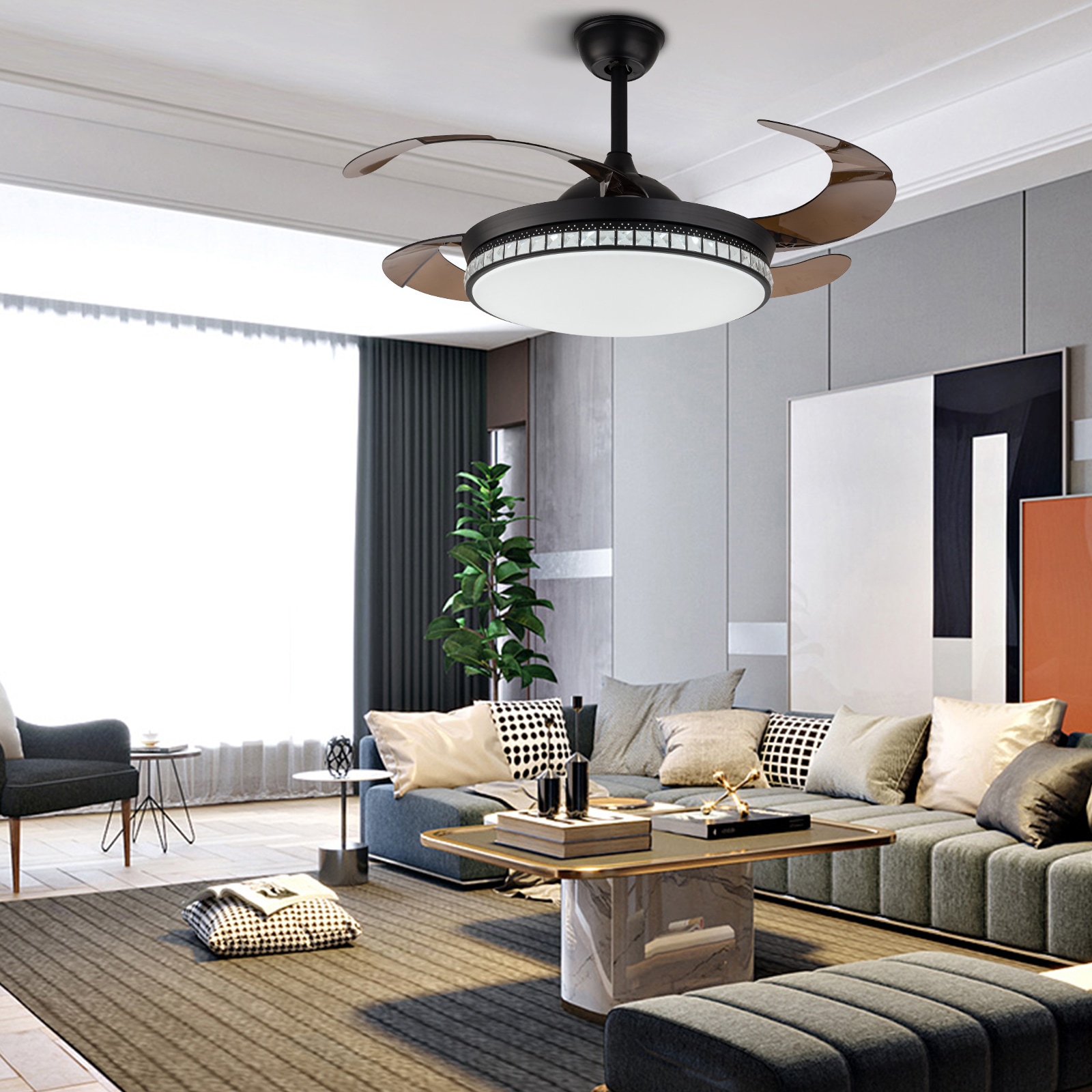 42-Inch Black Retractable Blade LED Chandelier Ceiling Fan