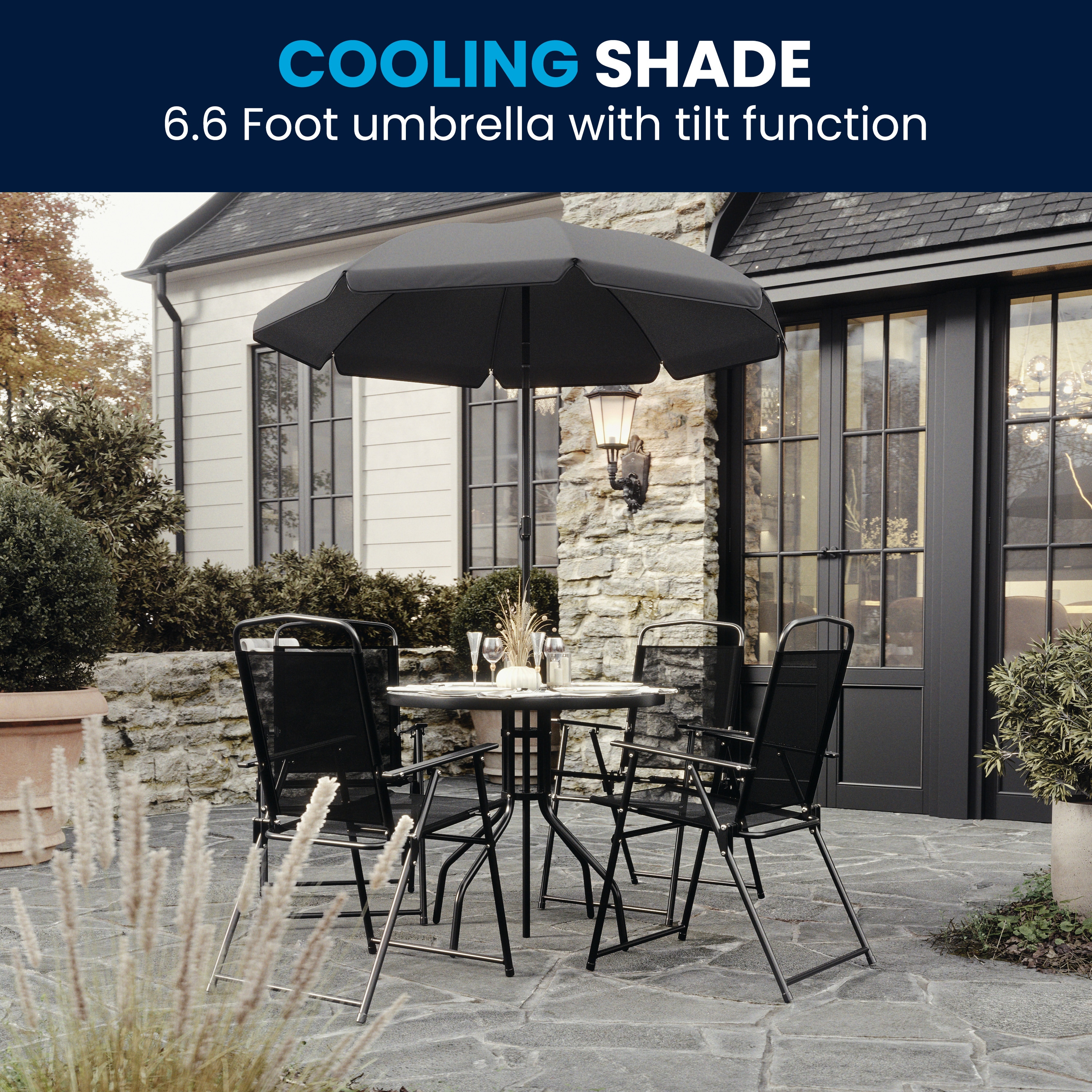 Nantucket 6-Piece Black Steel Patio Furniture Set with Umbrella