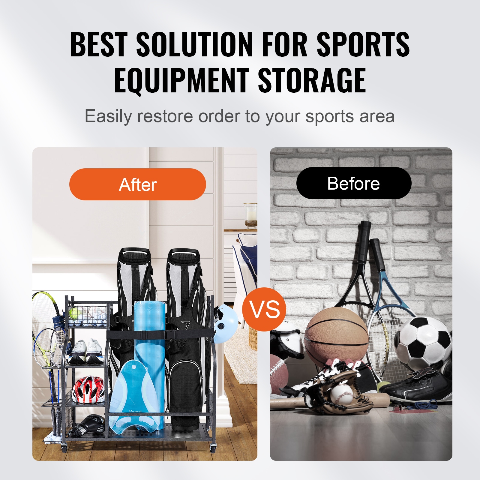 Black Steel Multi-Use Sports Equipment Organizer with Wheels