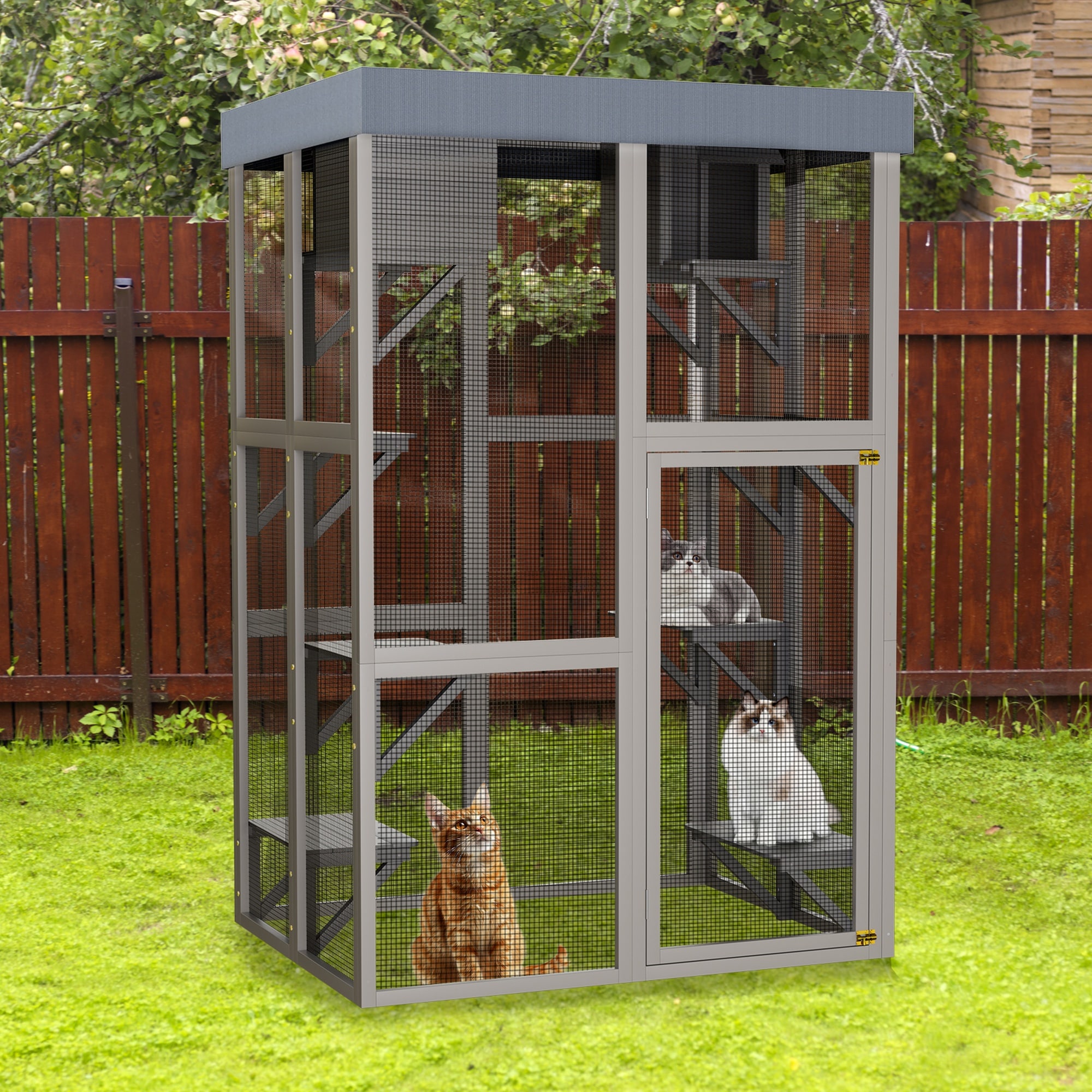 Boyel Living Vertical Catio with Space Saving Light Gray Metal Frame Multiple Staggered Platforms and Waterproof Roof