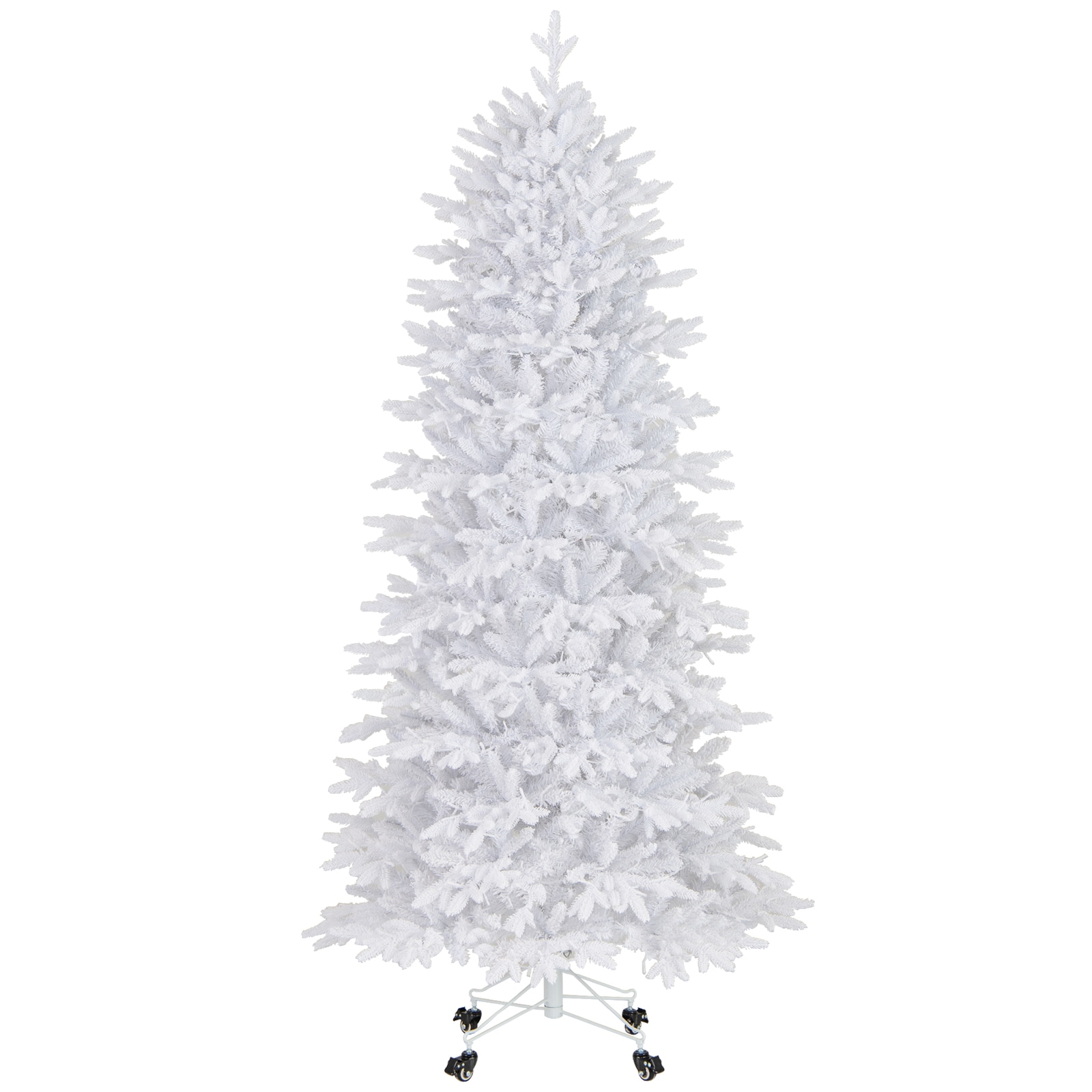 Slickblue 7 ft PE PVC Pre-Lit Full Upright Unflocked White Artificial Christmas Tree with Warm White LED Lights 900 Lights 1880 Tips Rolling Base Wheels
