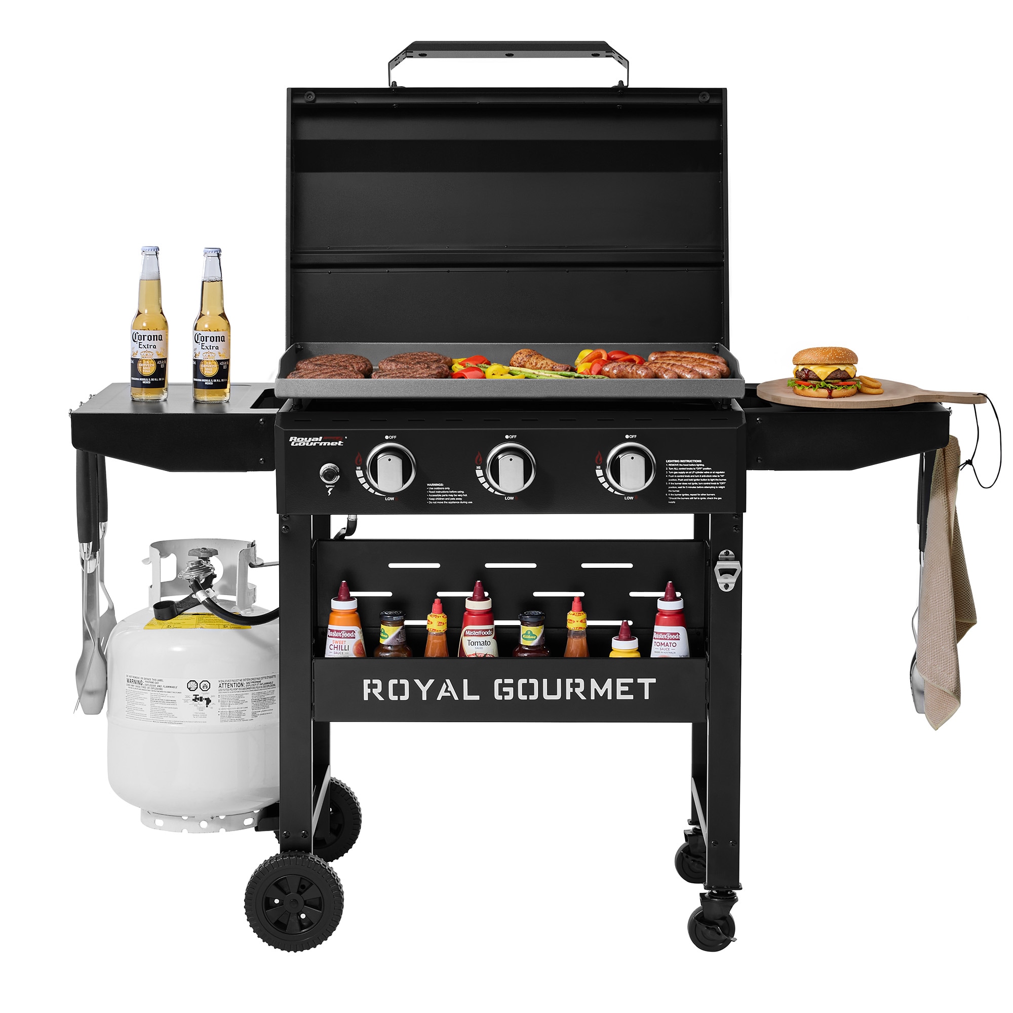 Royal Gourmet Gas Griddle with Hood 3 -Burner Liquid propane Flat Top Grill