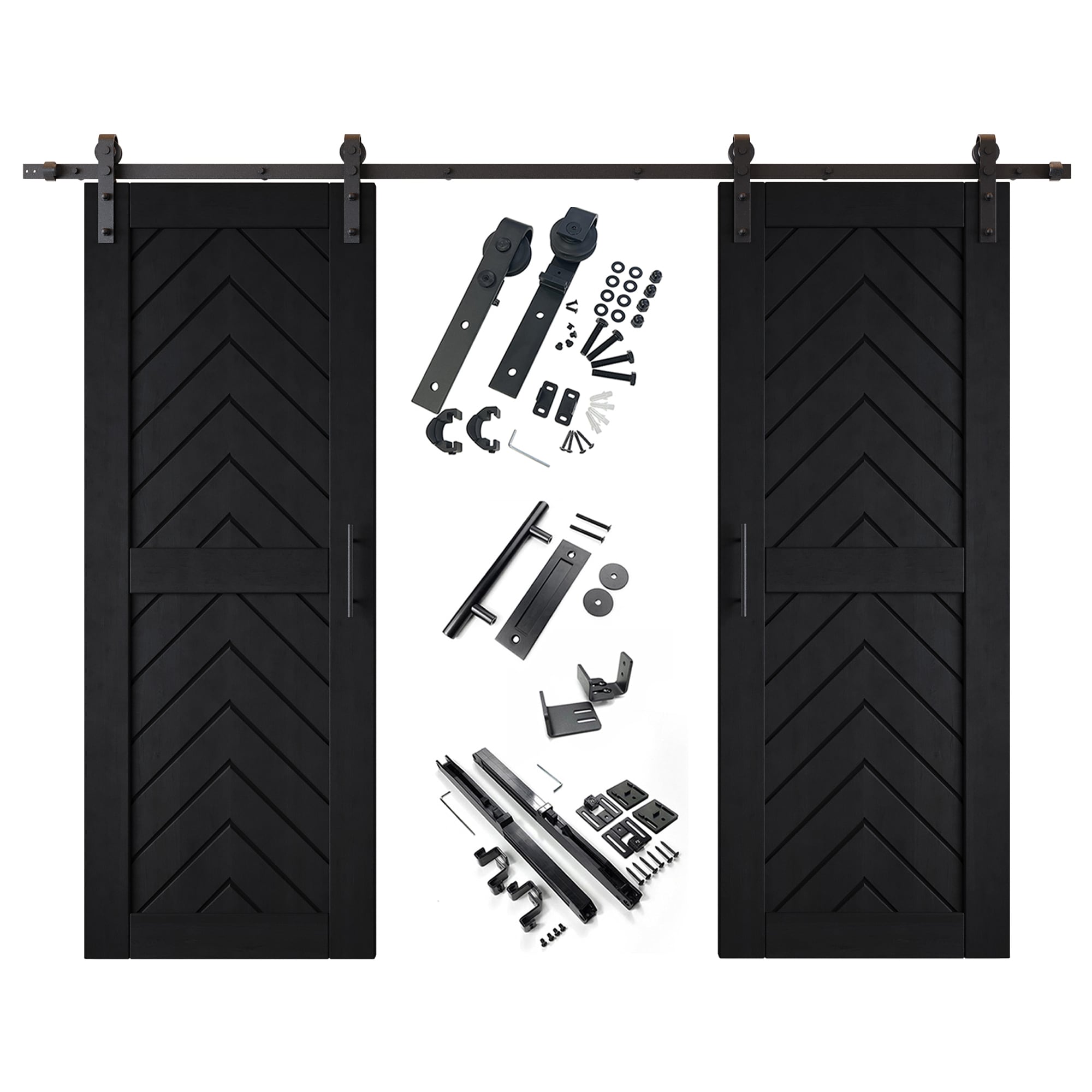 HOMACER YT2H132C-JT1-3080-BK 30-in x 80-in Black Herringbone Pine Wood Solid core Double Barn Door (Hardware Included)