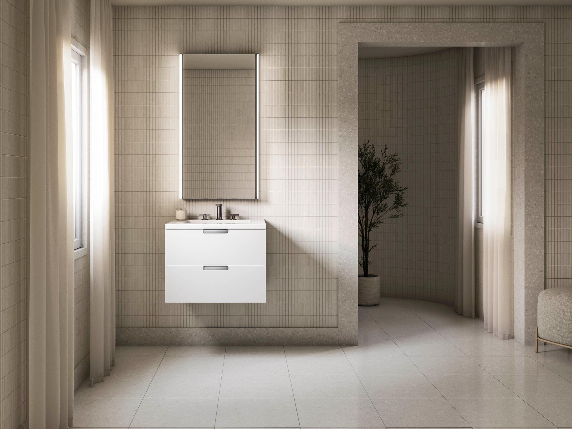 KOHLER 34653-0 Maxstow 24-in White Undermount Single Sink Floating Bathroom Vanity with White Quartz Top