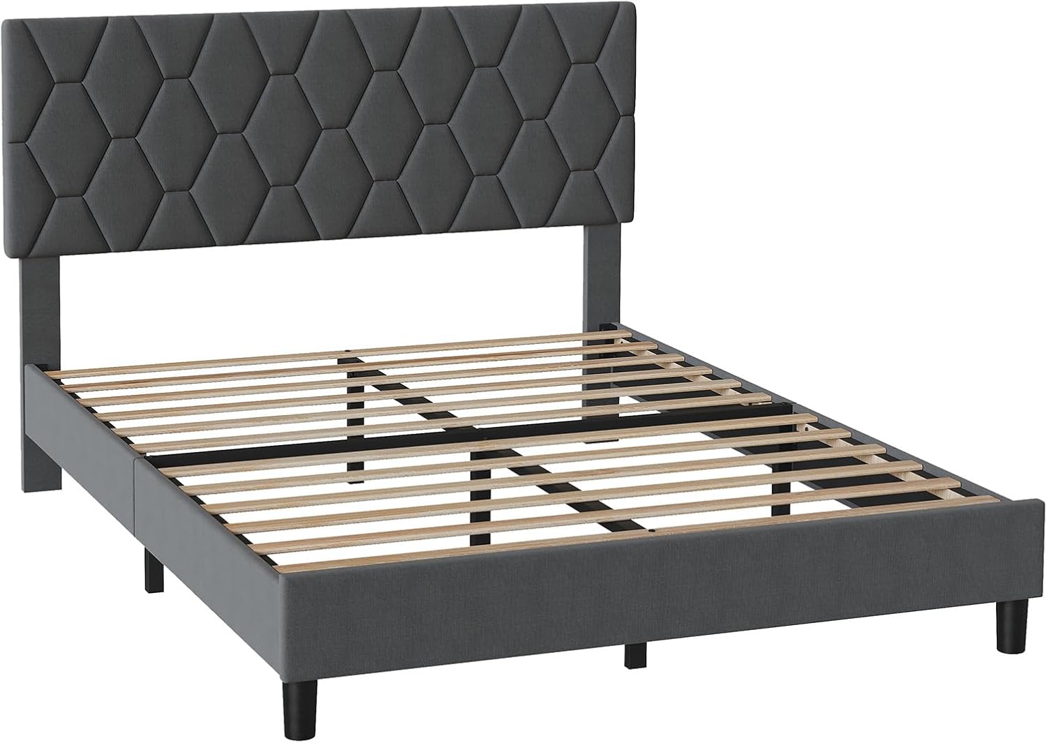 Qeetex DHZ-PHO-10JW444Y King Bed Frame Upholstered Platform Bed Frame with Fabric Headboard Ornate Diamond Design Non-Slip Solid Wood Slats Support Noise Free Easy Assembly Grey