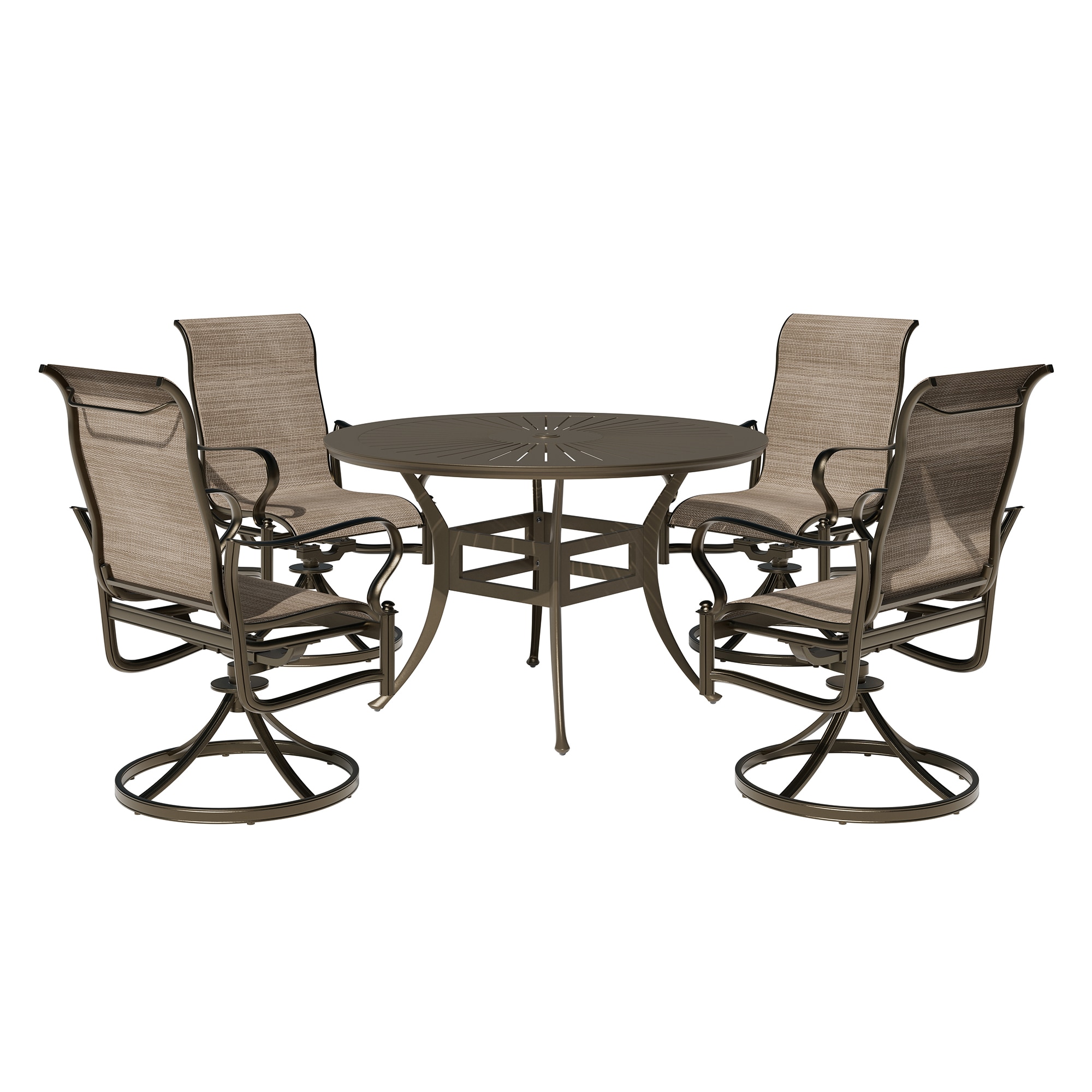 Clihome CL-ODTCI0CR 5 Piece Patio Dining Set with Round Table and 4 Swivel Textilene Chairs 5 -Piece Brown Patio Dining Set Aluminum Round Table with 4 Brown Swivel Chairs
