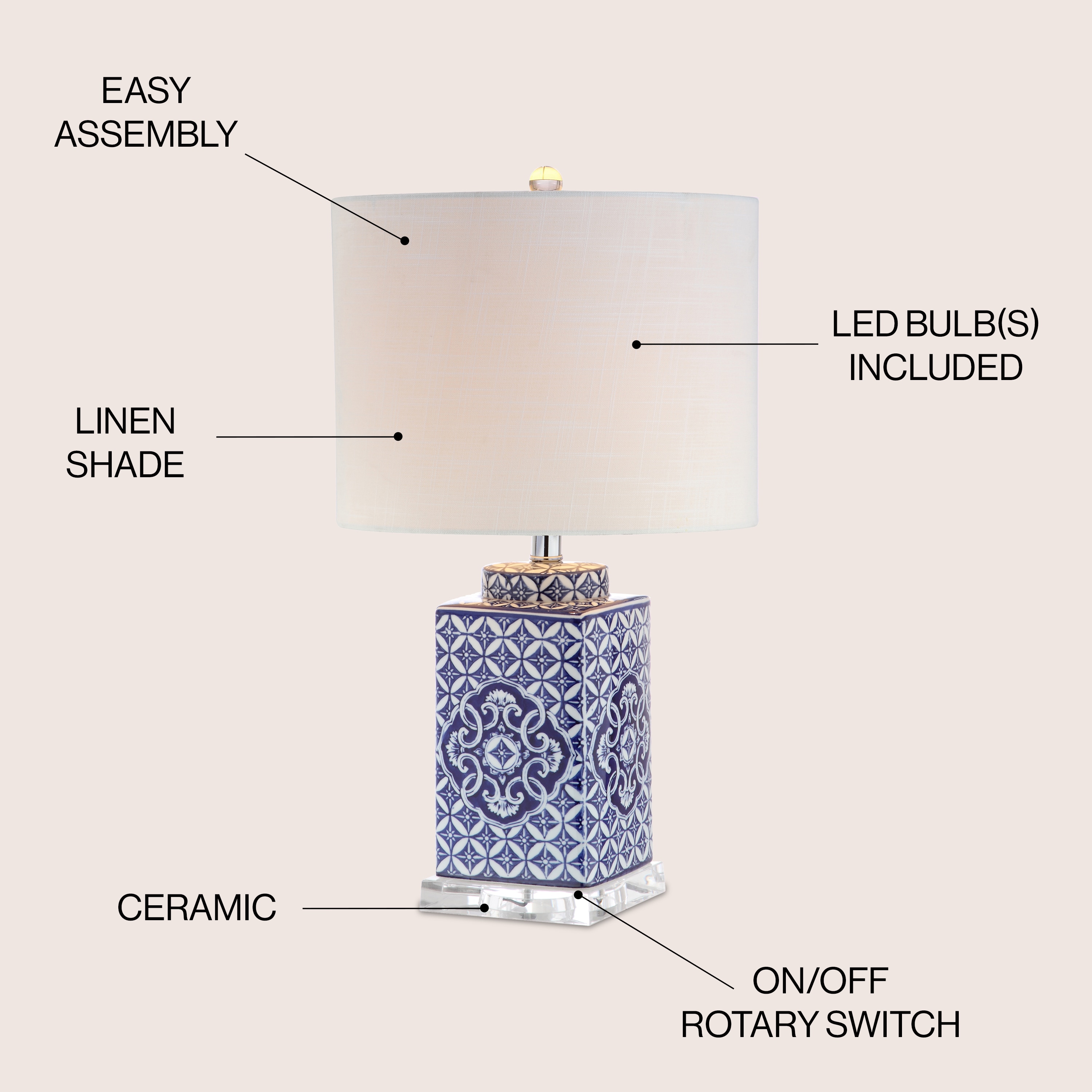 Chinoiserie Blue and White Ceramic 23" Table Lamp with Linen Shade