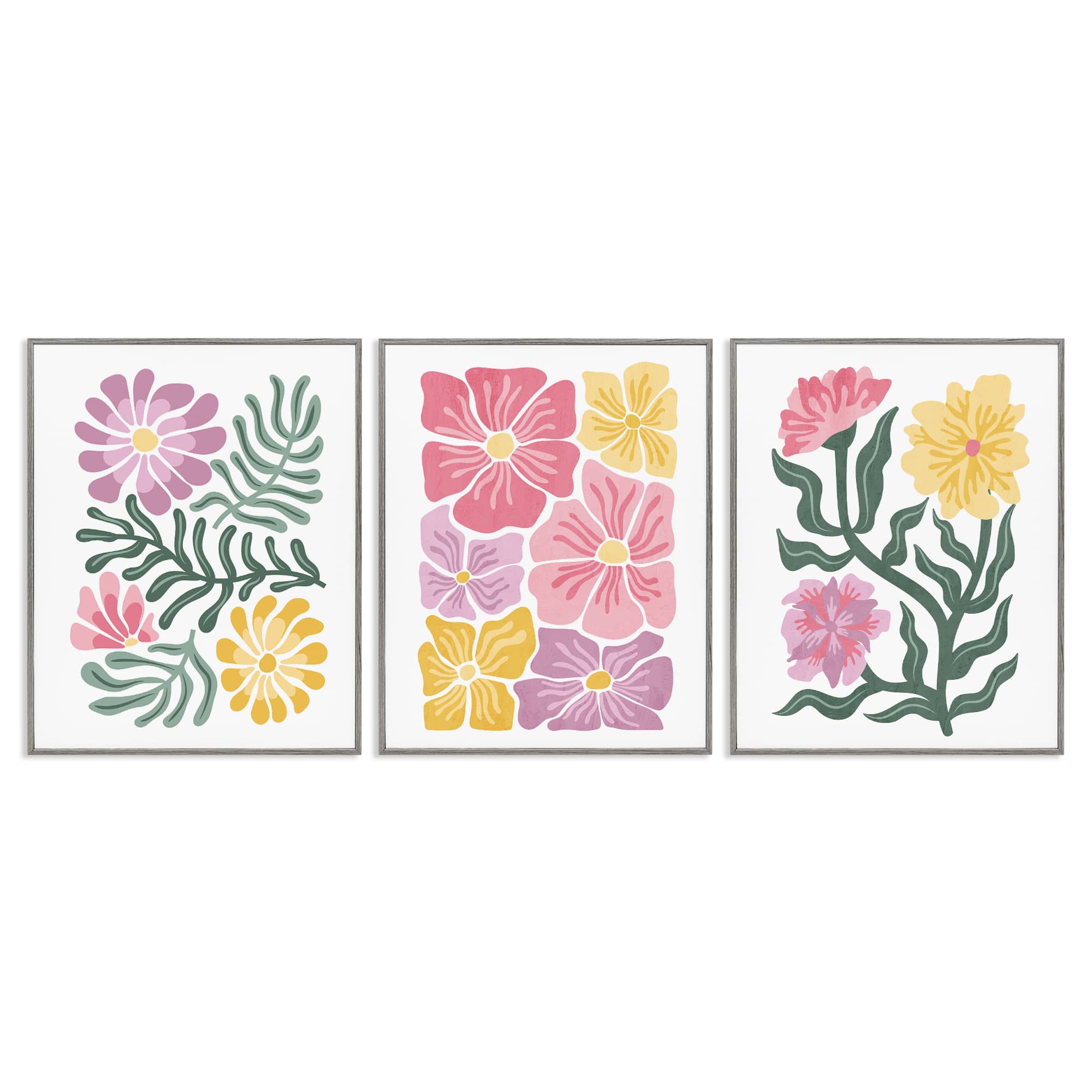 Stupell Industries A3-461-GFF-3PC-24X30 Minimal Spring Hue Flowers 3 Piece Gray Framed Giclee Art Set By Kim Allen 24 x 30