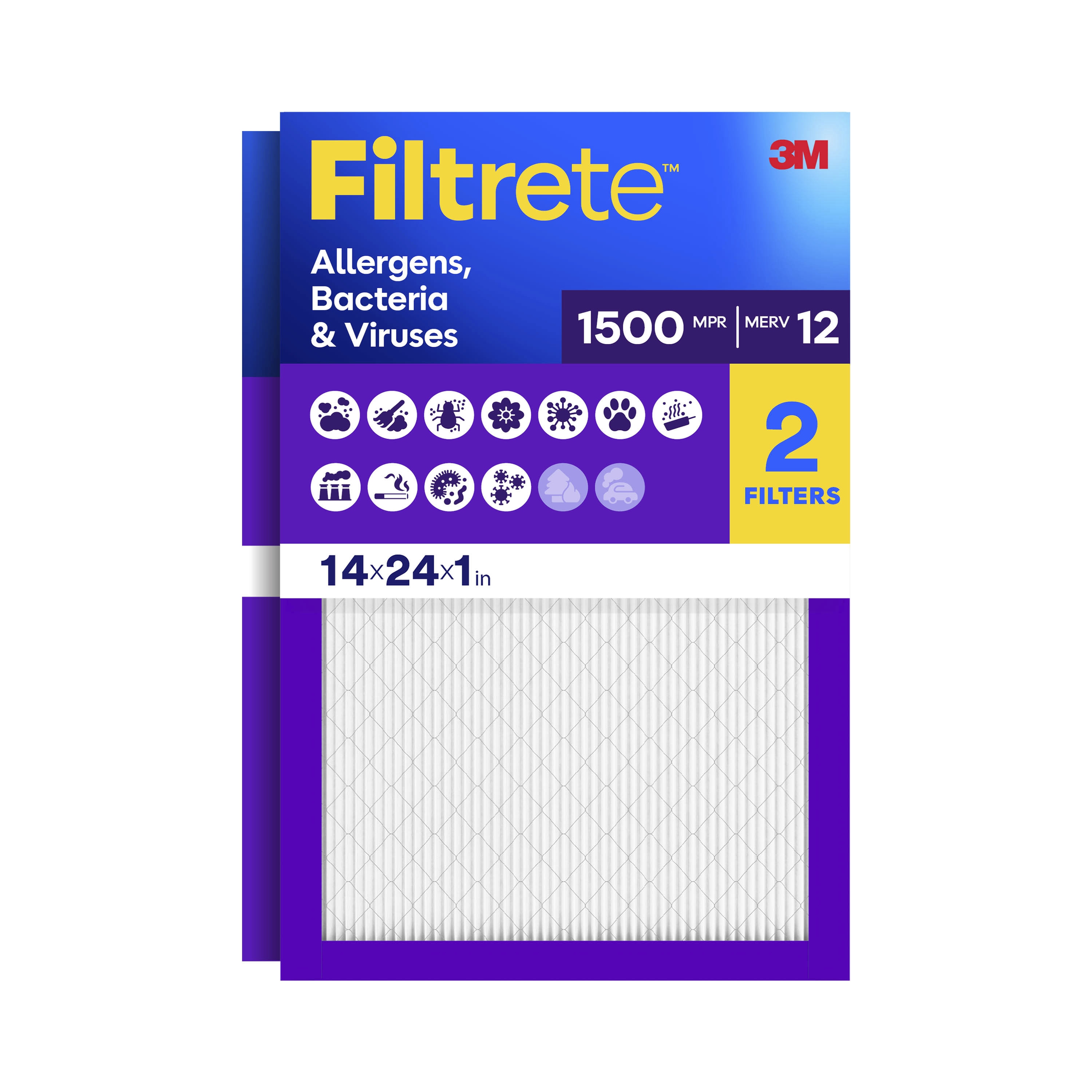 Filtrete 14 x 24 x 1 MERV 12 1500 MPR Allergens, Bacteria Viruses Electrostatic Pleated Air Filter 2 -Pack