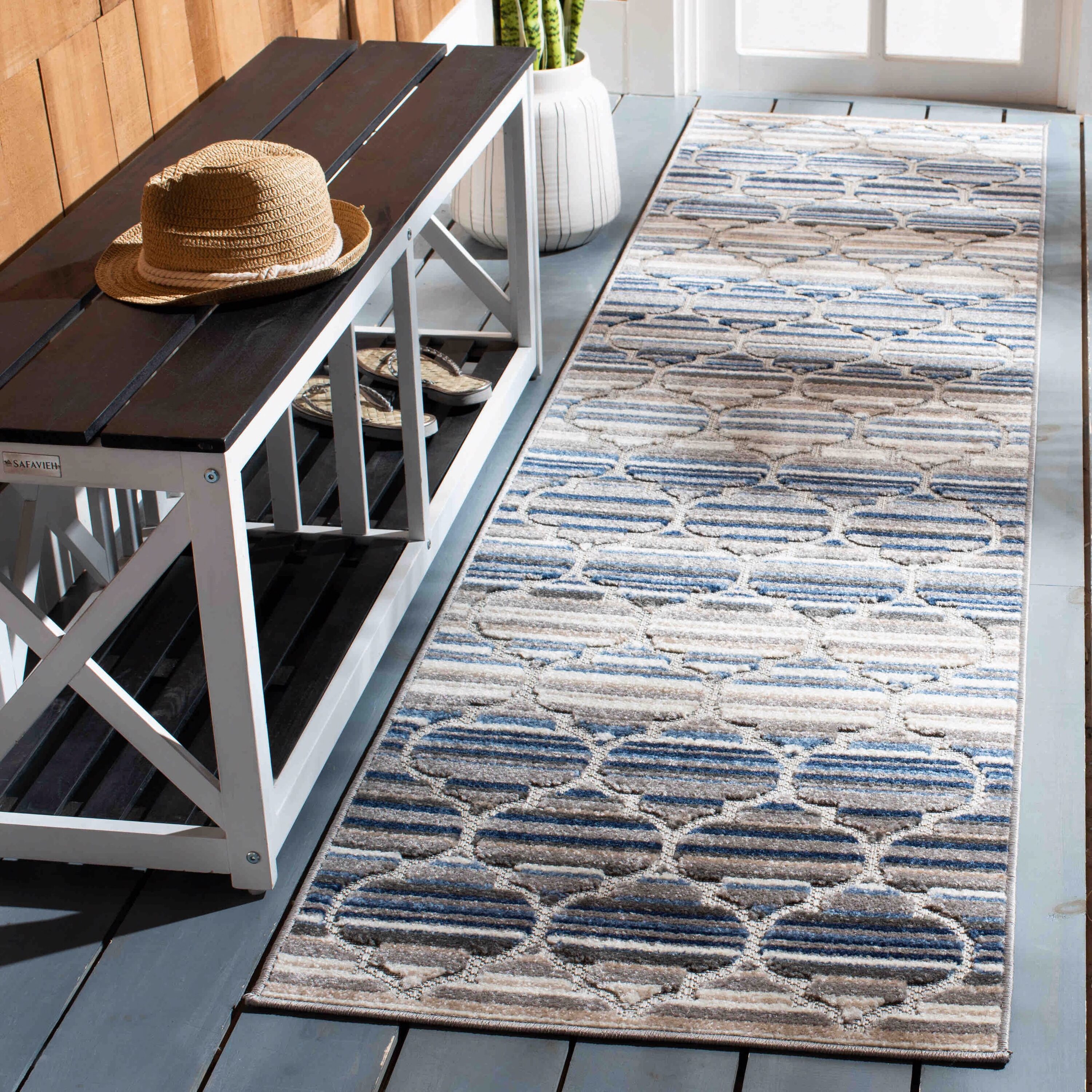 Safavieh CBN333M-211 Cabana 2 x 11 (ft) Loomed Synthetic Blue/Gray Rectangular Indoor/Outdoor Trellis Moroccan Runner rug