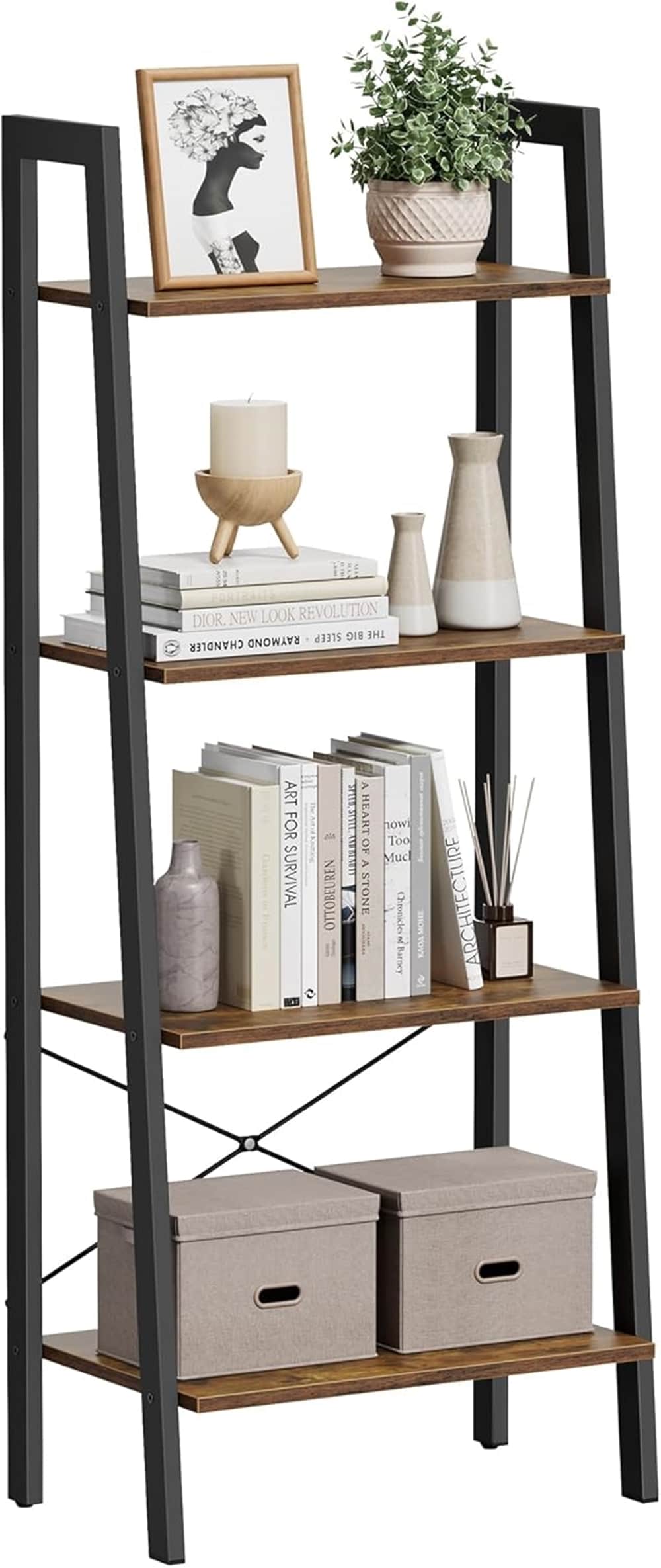 SONGMICS HOME LLS44X 4-Tier Ladder Shelf – Industrial Style Storage Rack in Rustic Brown and Ink Black