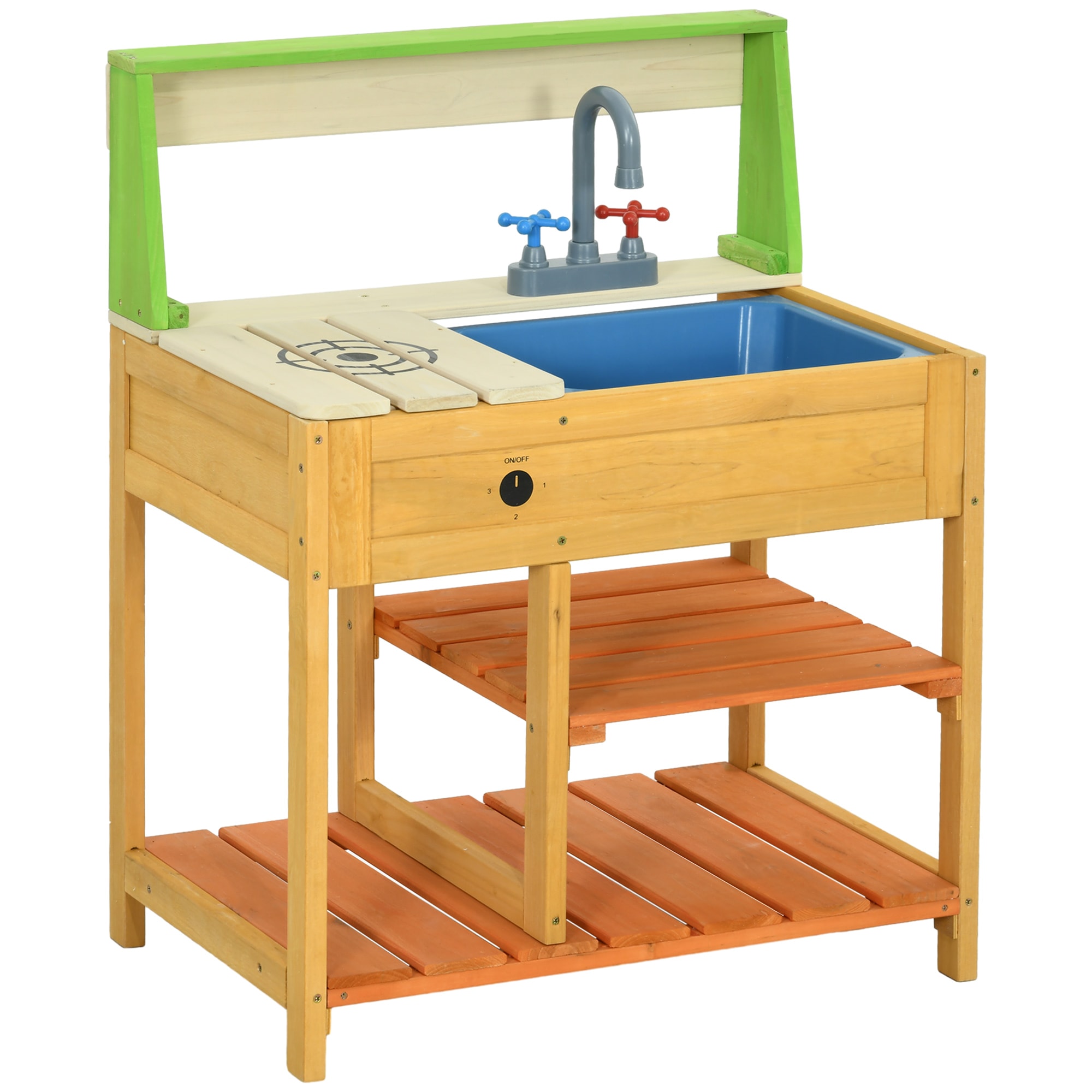 Tinyhomie Outsunny Wooden Kids Outdoor Mud Kitchen Playset Faucet Sink Storage Shelves 3-8 Years