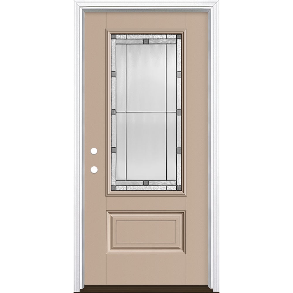 Masonite 3350517 Avenue 36-in x 80-in x 4-9/16-in Fiberglass 3/4 lite Right-hand inswing Sandy Shore Painted Prehung Front Door with Brickmould Insulating core