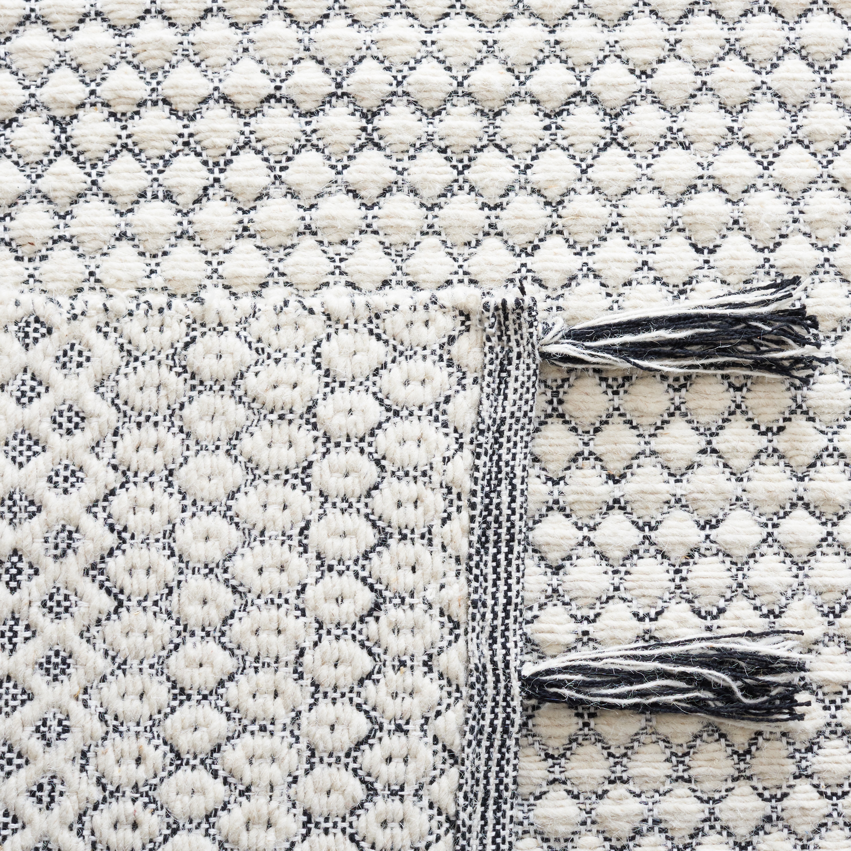 Ivory and Black Geometric Handwoven Wool Cotton Area Rug