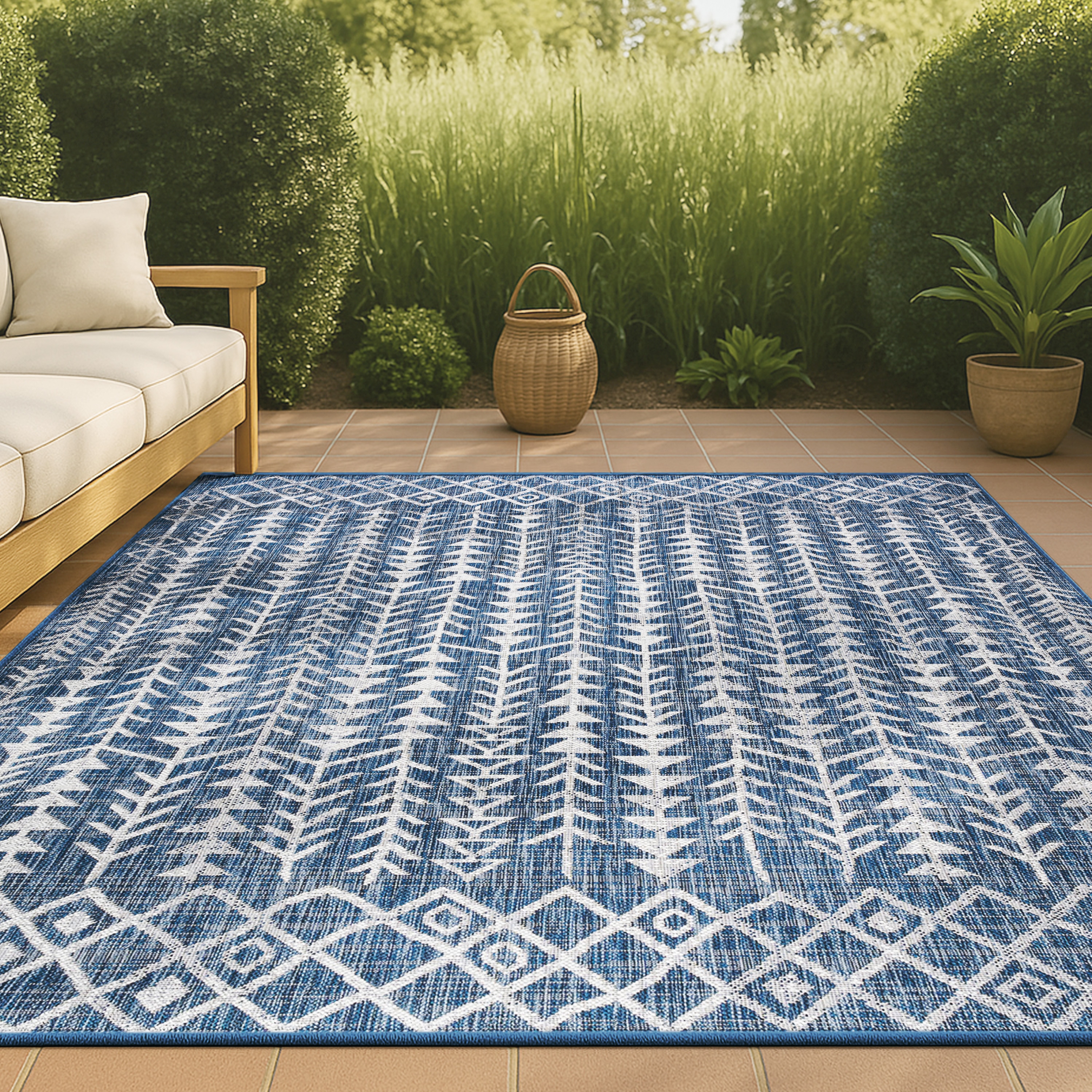 JONATHAN  Y SMB132C-5 Santa Monica Tokay 5 x 8 (ft) Loomed Polypropylene Blue/Ivory Rectangular Indoor/Outdoor Trellis Bohemian/Eclectic Area rug