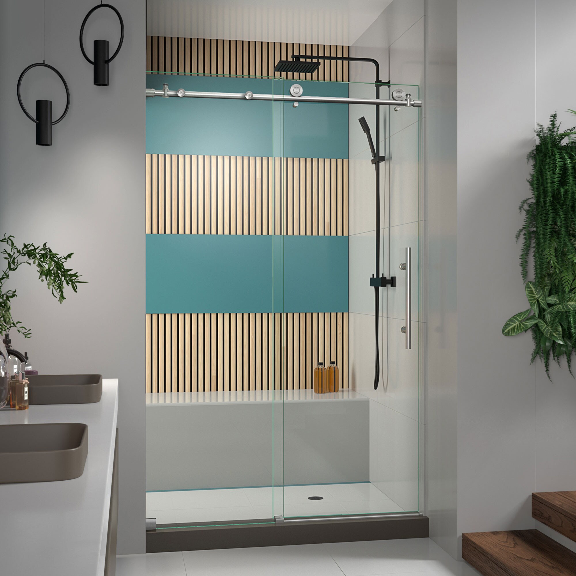DreamLine SHDR-61487610-07 Enigma-X Brushed Stainless Steel 44-in to 48-in W x 76.0-in H Frameless Sliding Shower door 3/8-in Thick Clear Glass