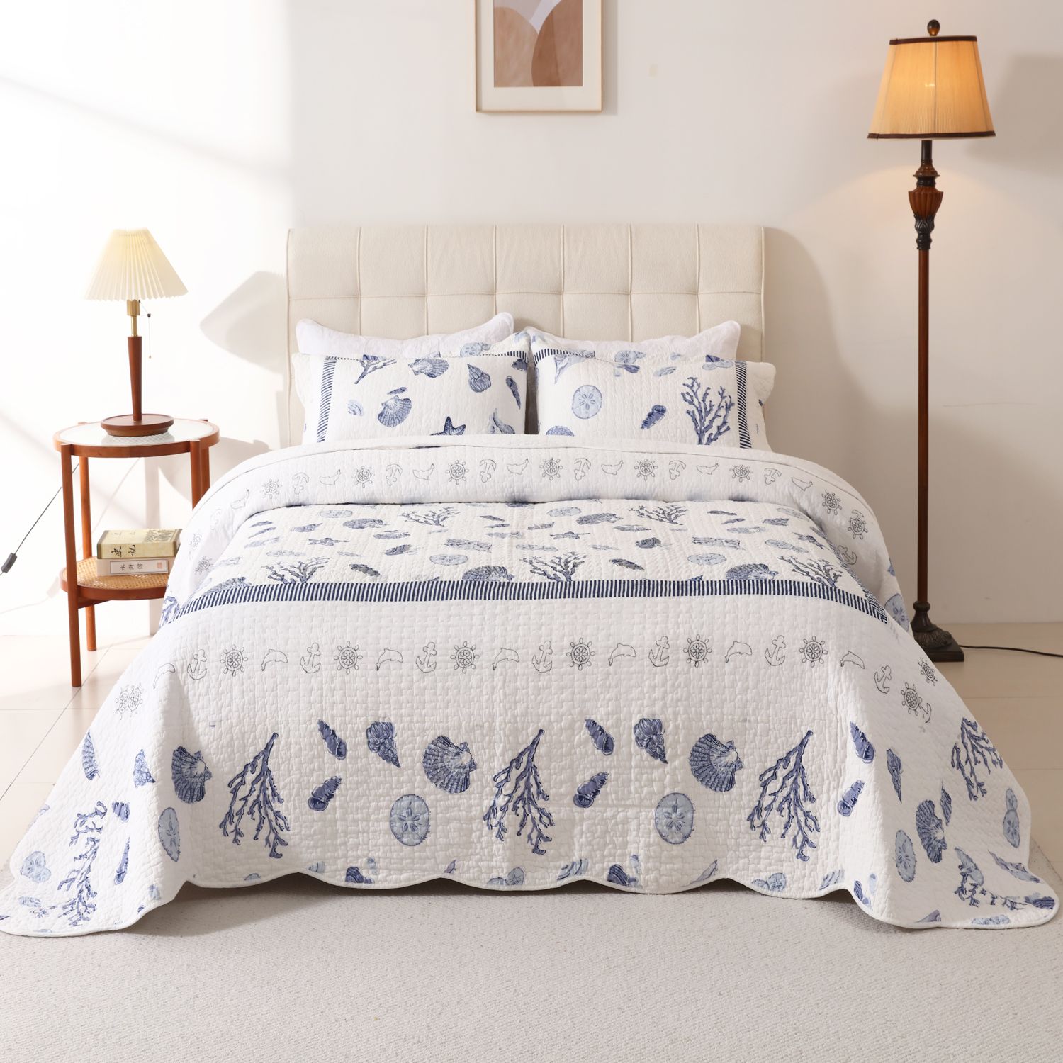 Ocean Dreams 3 Pc Quilt Set Nautical Theme Blue And White Coastal Bedding with 2 Pillowcases Queen Size