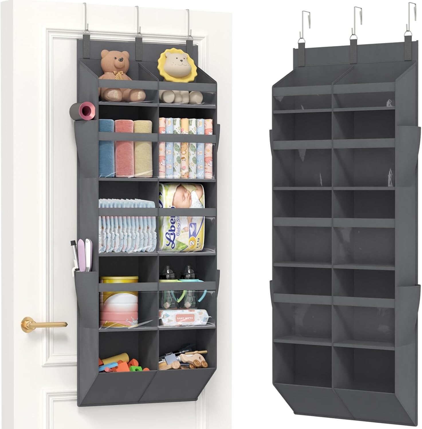 MOEPISY 1 Pack Dark Gray Over the Door Storage Organizer 5 Clear Window Compartments and 4 Side Pockets Anti-Tilt Heavy Duty Hanging Caddy Holds Up to 40 lbs Space Saving Behind Door Organizer for Closet Bathroom Nursery Dorm Room